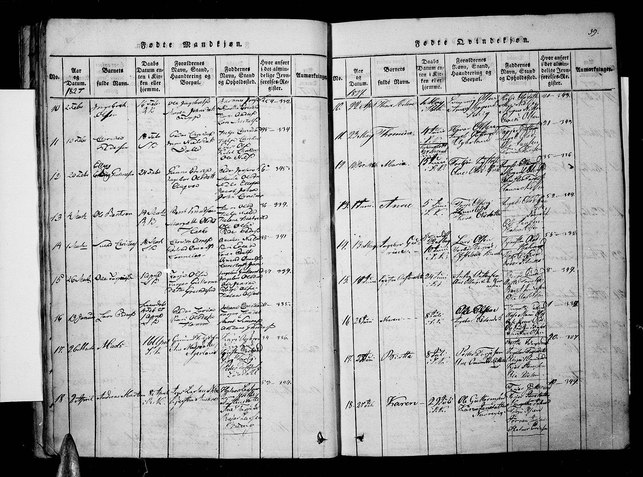 Søndeled sokneprestkontor, SAK/1111-0038/F/Fa/L0001: Parish register (official) no. A 1, 1816-1838, p. 39