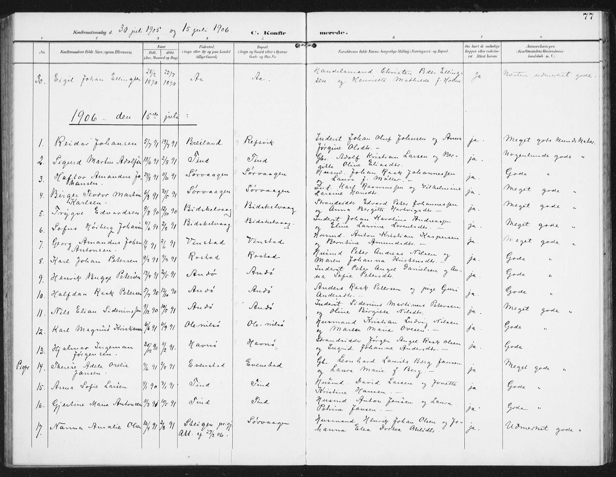 Ministerialprotokoller, klokkerbøker og fødselsregistre - Nordland, AV/SAT-A-1459/886/L1221: Parish register (official) no. 886A03, 1903-1913, p. 77