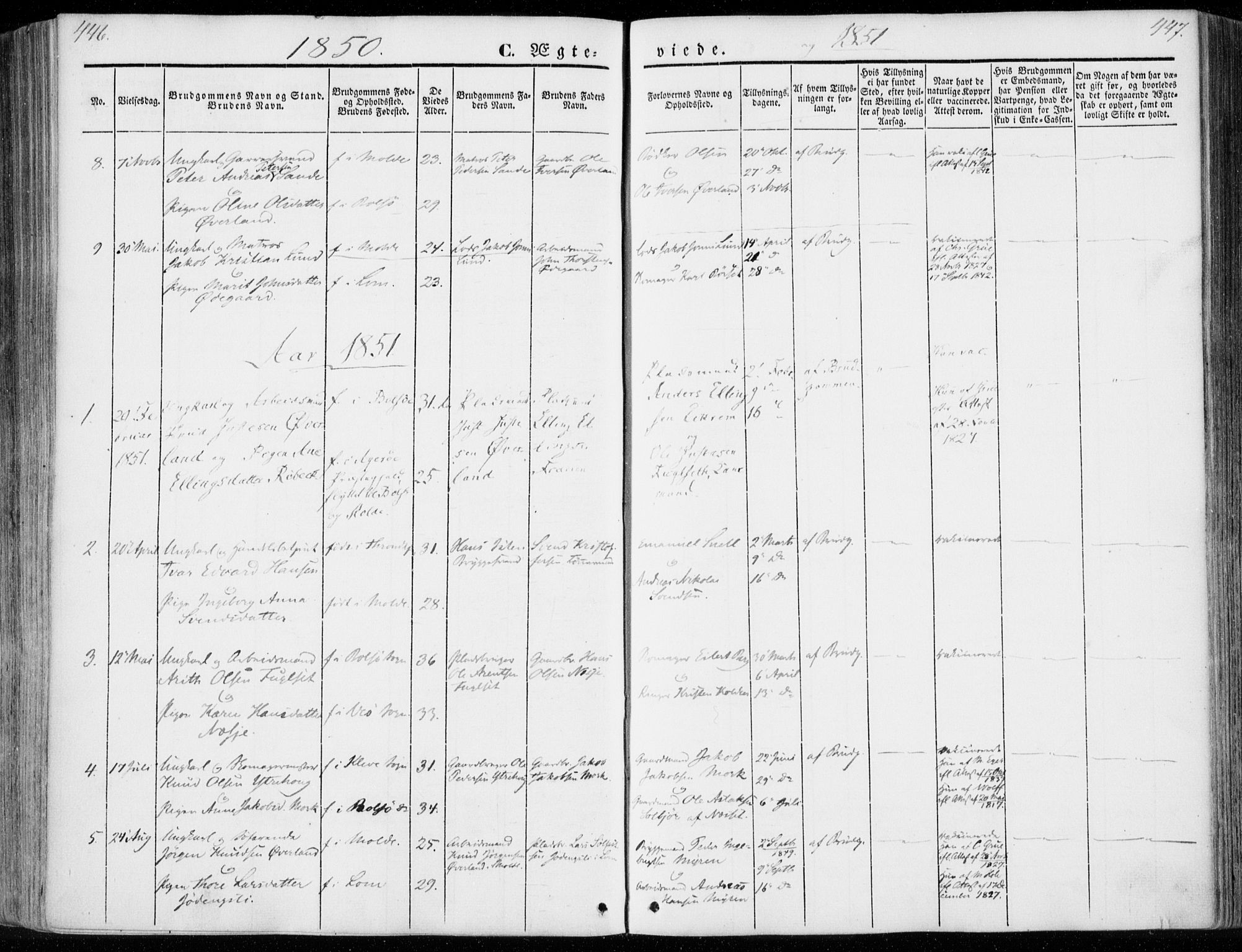 Ministerialprotokoller, klokkerbøker og fødselsregistre - Møre og Romsdal, SAT/A-1454/558/L0689: Parish register (official) no. 558A03, 1843-1872, p. 446-447