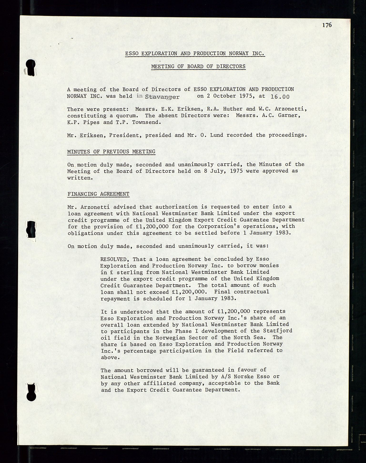 Pa 1512 - Esso Exploration and Production Norway Inc., SAST/A-101917/A/Aa/L0001/0002: Styredokumenter / Corporate records, Board meeting minutes, Agreements, Stocholder meetings, 1975-1979, p. 7
