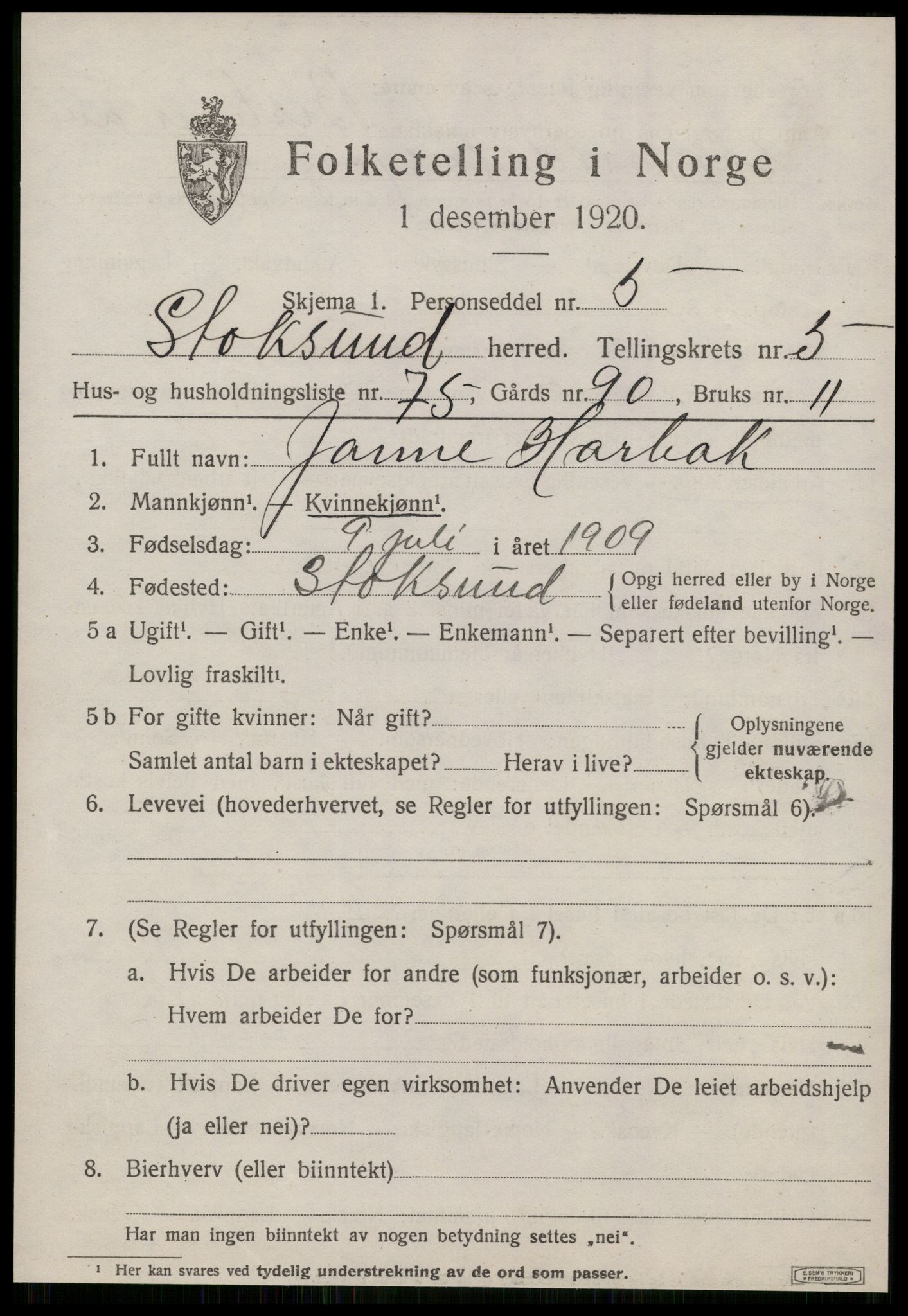 SAT, 1920 census for Stoksund, 1920, p. 3420