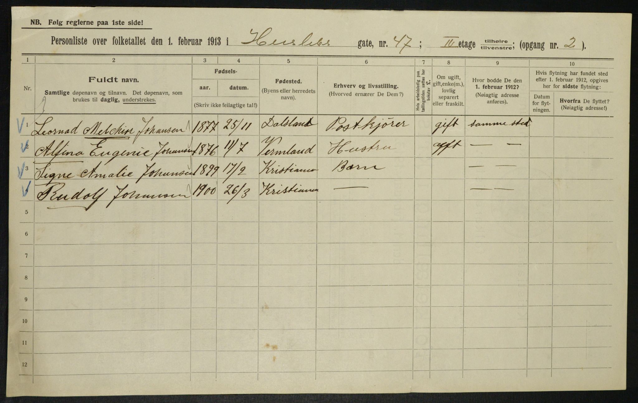 OBA, Municipal Census 1913 for Kristiania, 1913, p. 39664