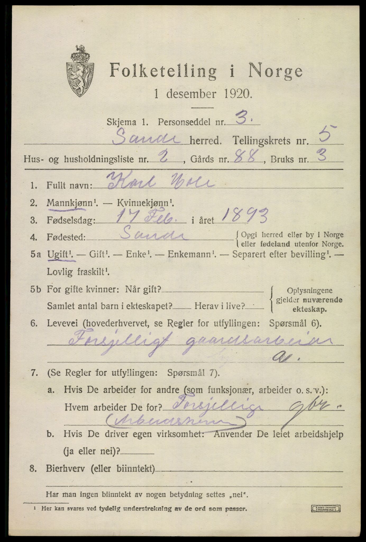 SAKO, 1920 census for Sande, 1920, p. 6144