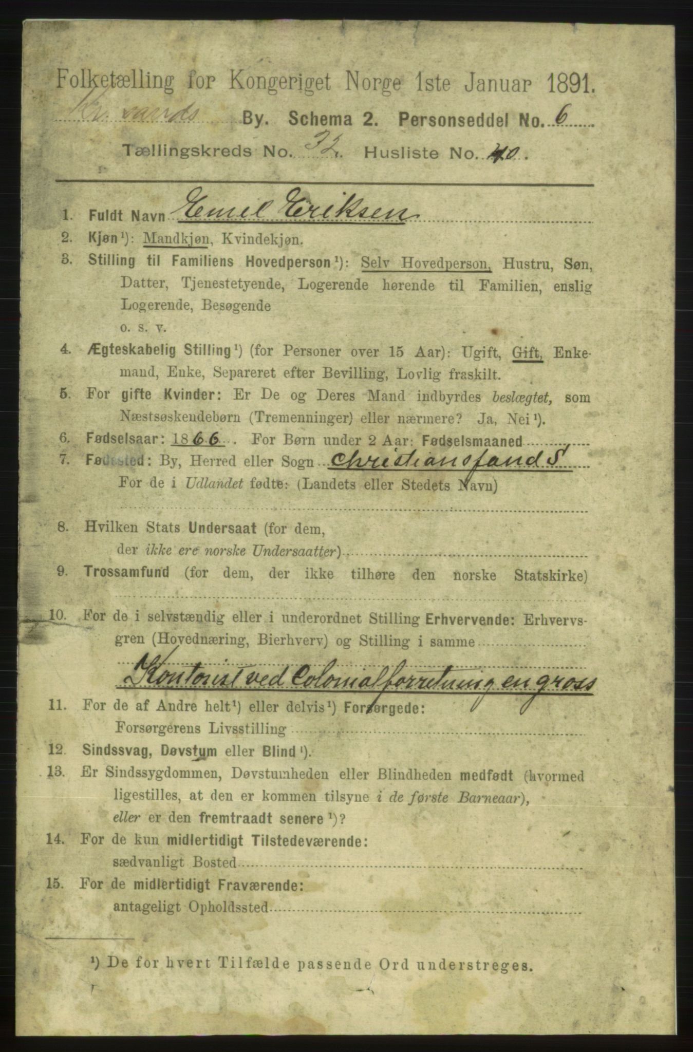 RA, 1891 census for 1001 Kristiansand, 1891, p. 10682