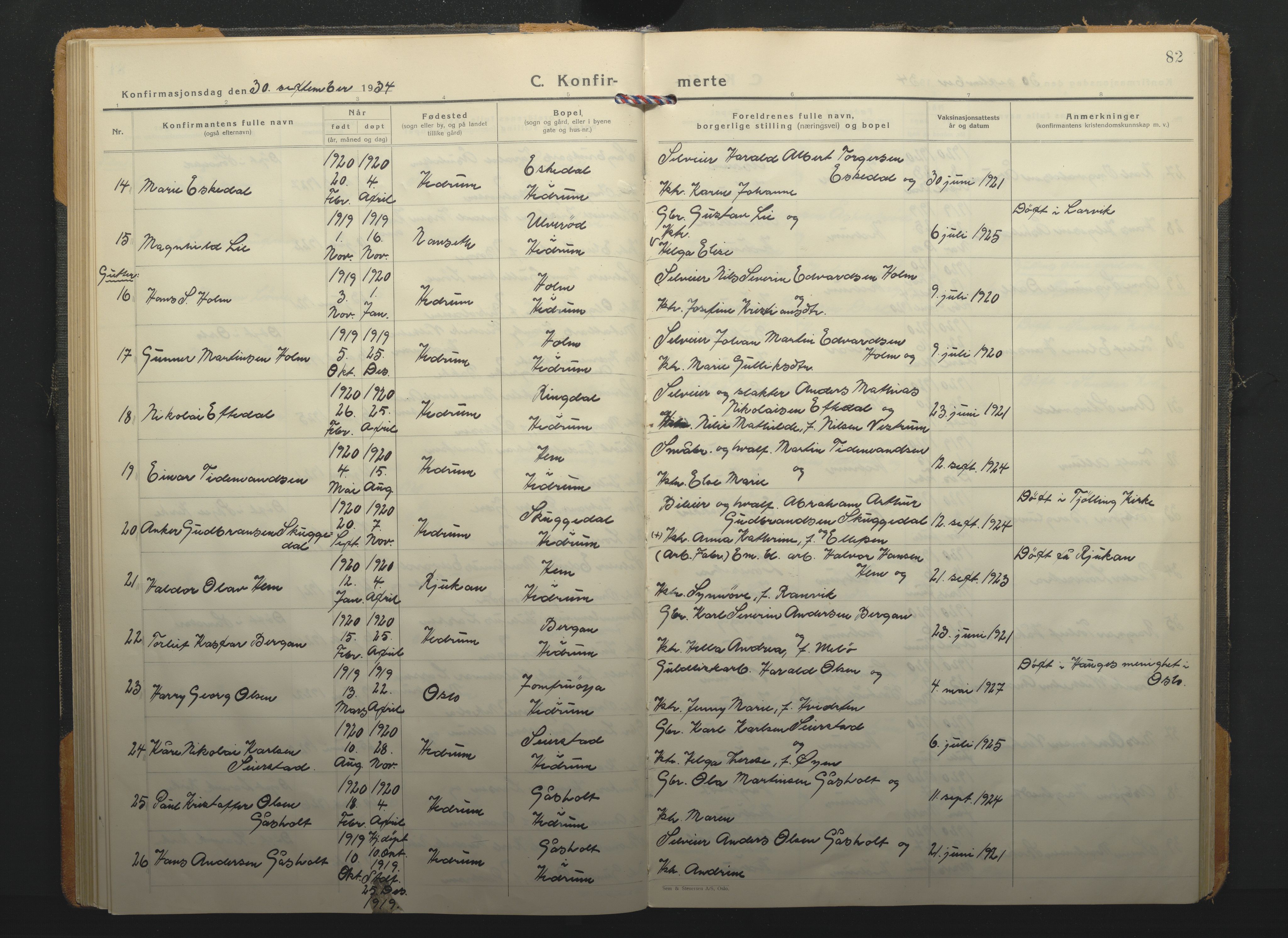 Hedrum kirkebøker, SAKO/A-344/F/Fa/L0012: Parish register (official) no. I 12, 1934-1941, p. 82