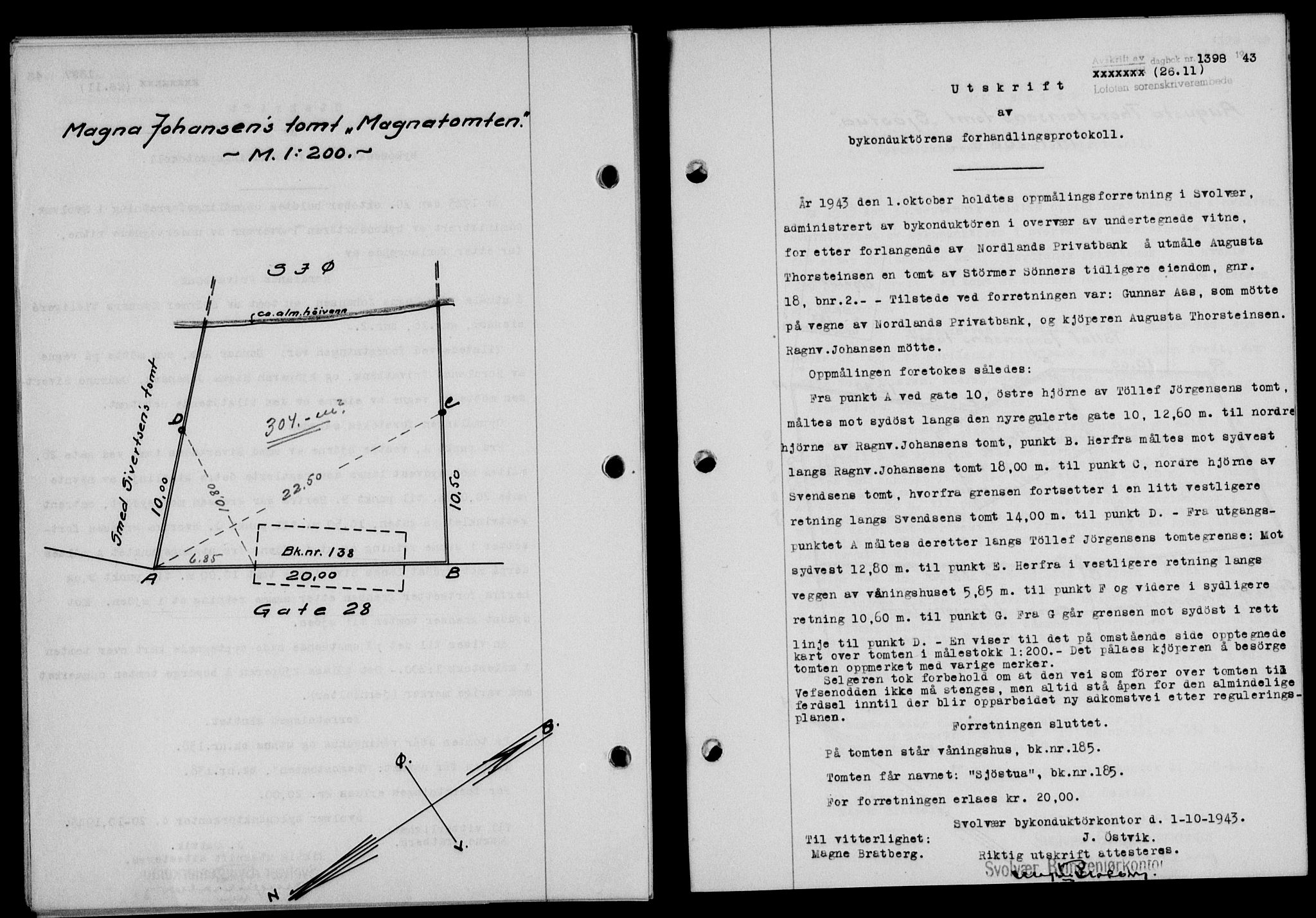 Lofoten sorenskriveri, SAT/A-0017/1/2/2C/L0011a: Mortgage book no. 11a, 1943-1943, Diary no: : 1398/1943