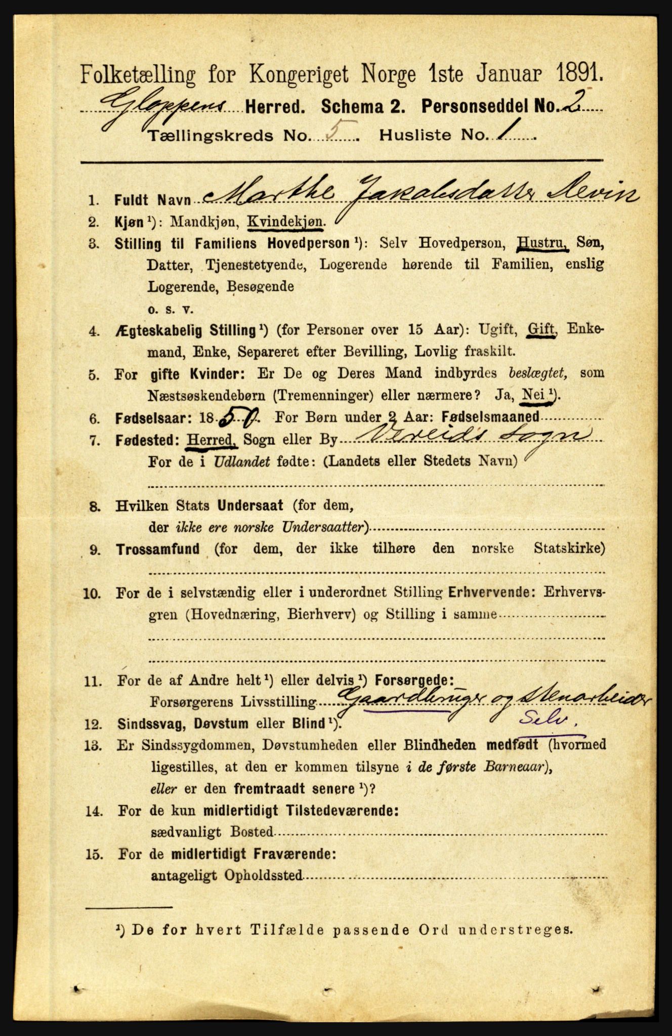 RA, 1891 census for 1445 Gloppen, 1891, p. 2061