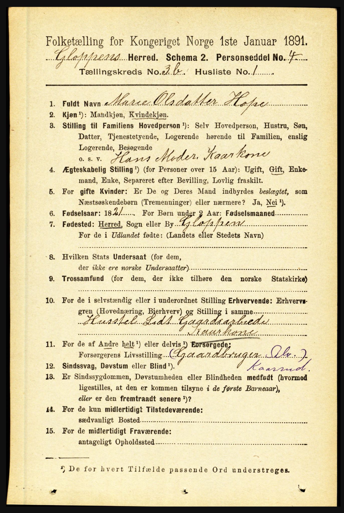 RA, 1891 census for 1445 Gloppen, 1891, p. 1450