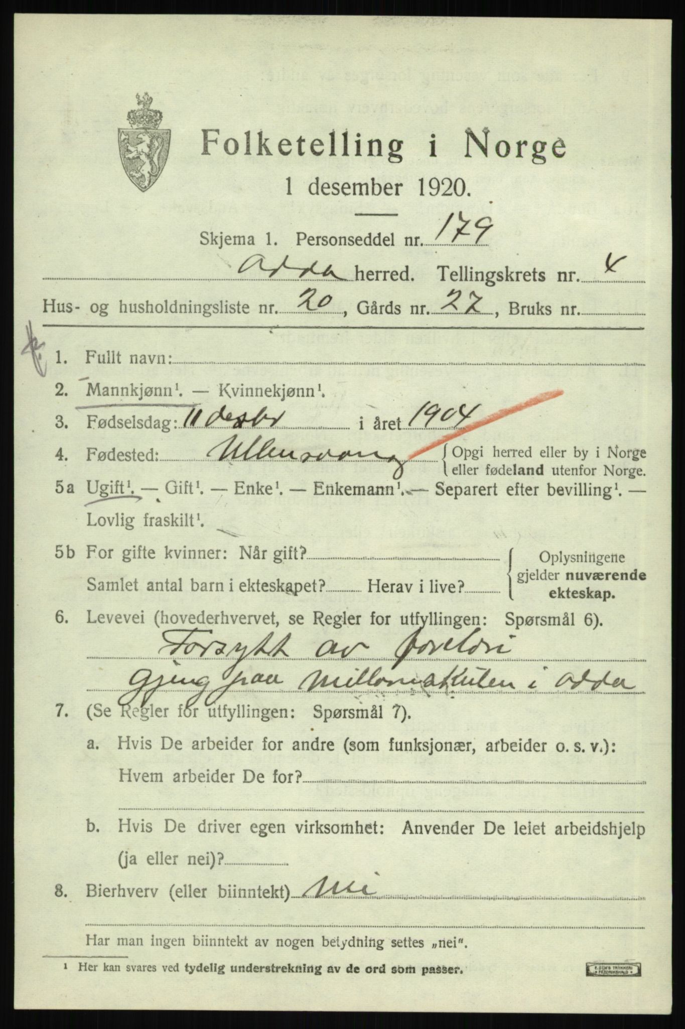 SAB, 1920 census for Odda, 1920, p. 2929