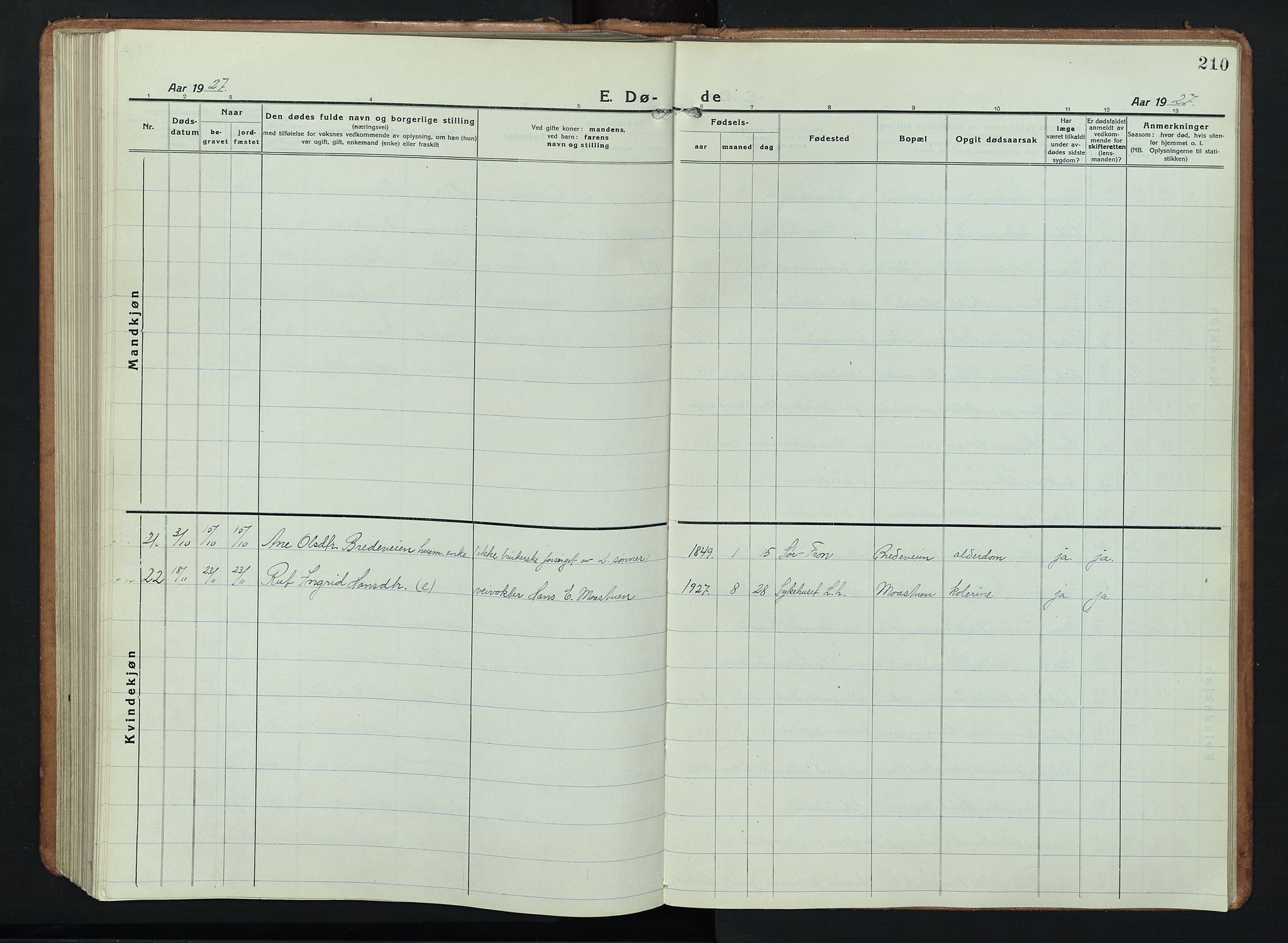 Ringebu prestekontor, SAH/PREST-082/H/Ha/Hab/L0011: Parish register (copy) no. 11, 1921-1943, p. 210