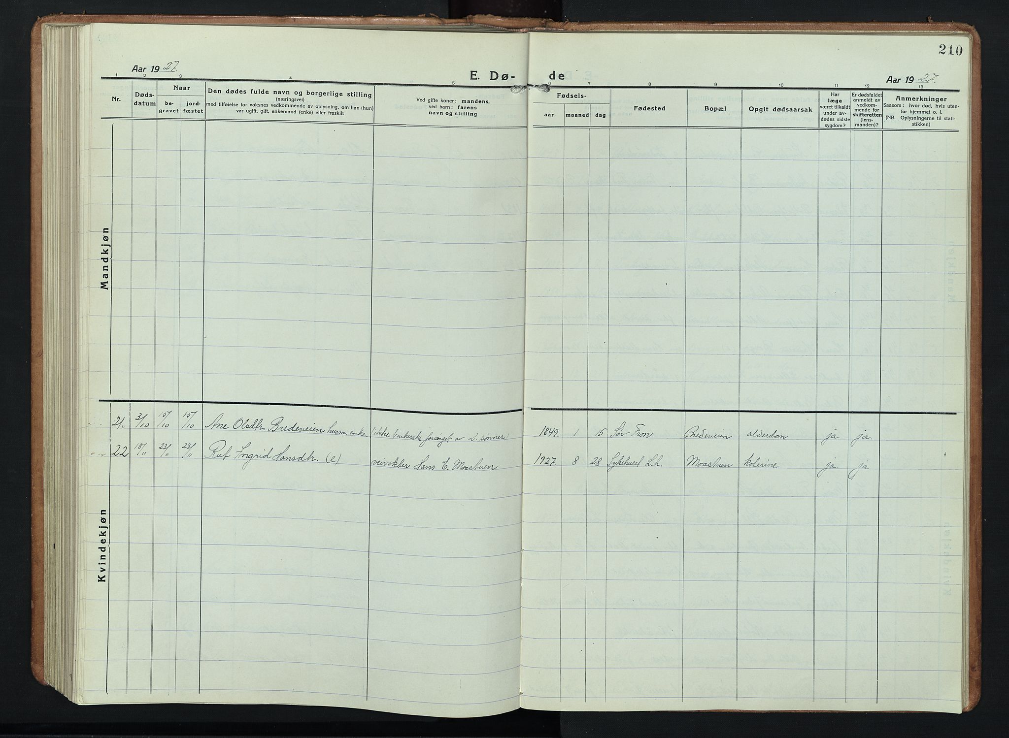 Ringebu prestekontor, AV/SAH-PREST-082/H/Ha/Hab/L0011: Parish register (copy) no. 11, 1921-1943, p. 210