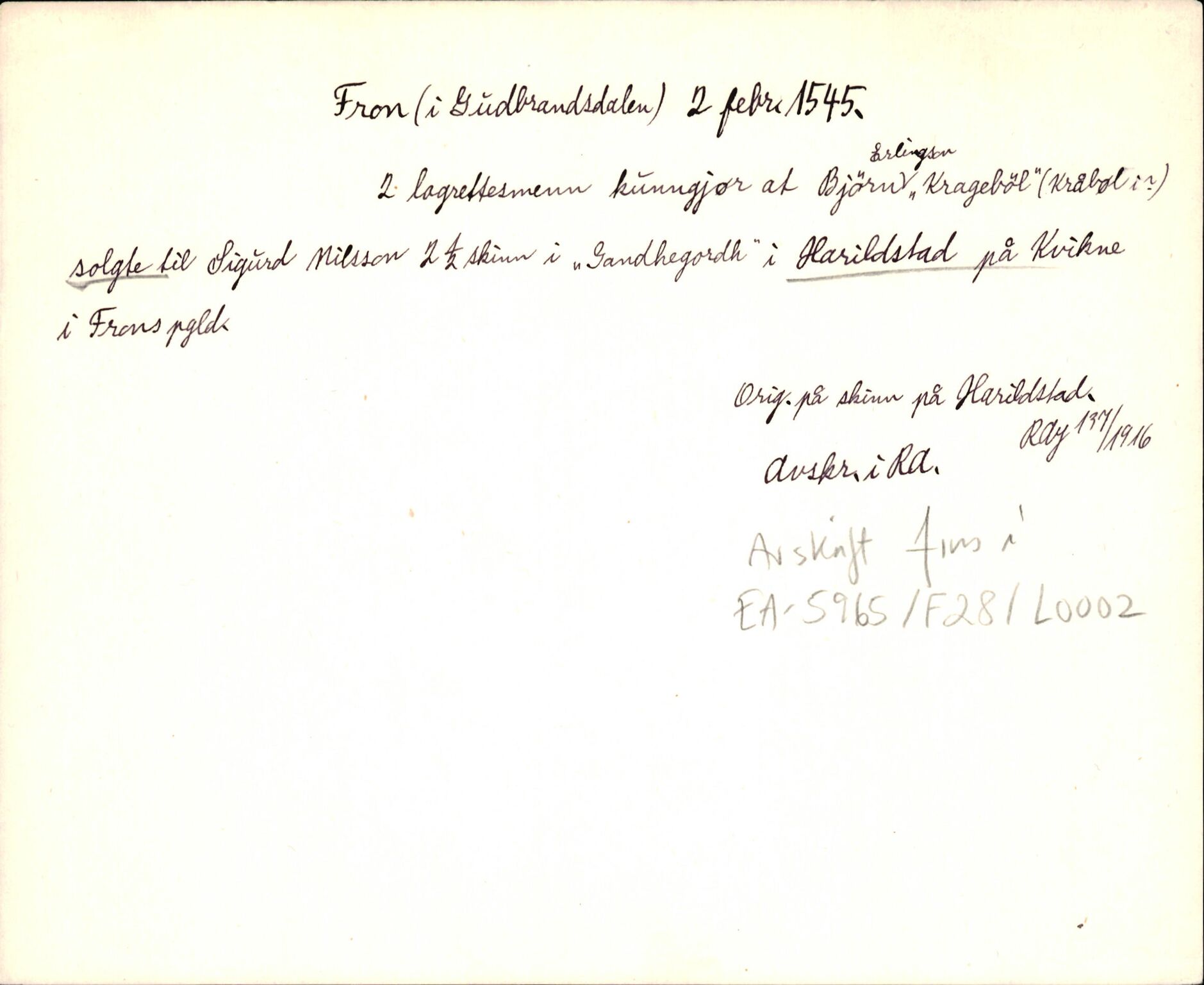 Riksarkivets diplomsamling, AV/RA-EA-5965/F35/F35d/L0001: Innlånte diplomer, seddelregister, 1316-1591, p. 289