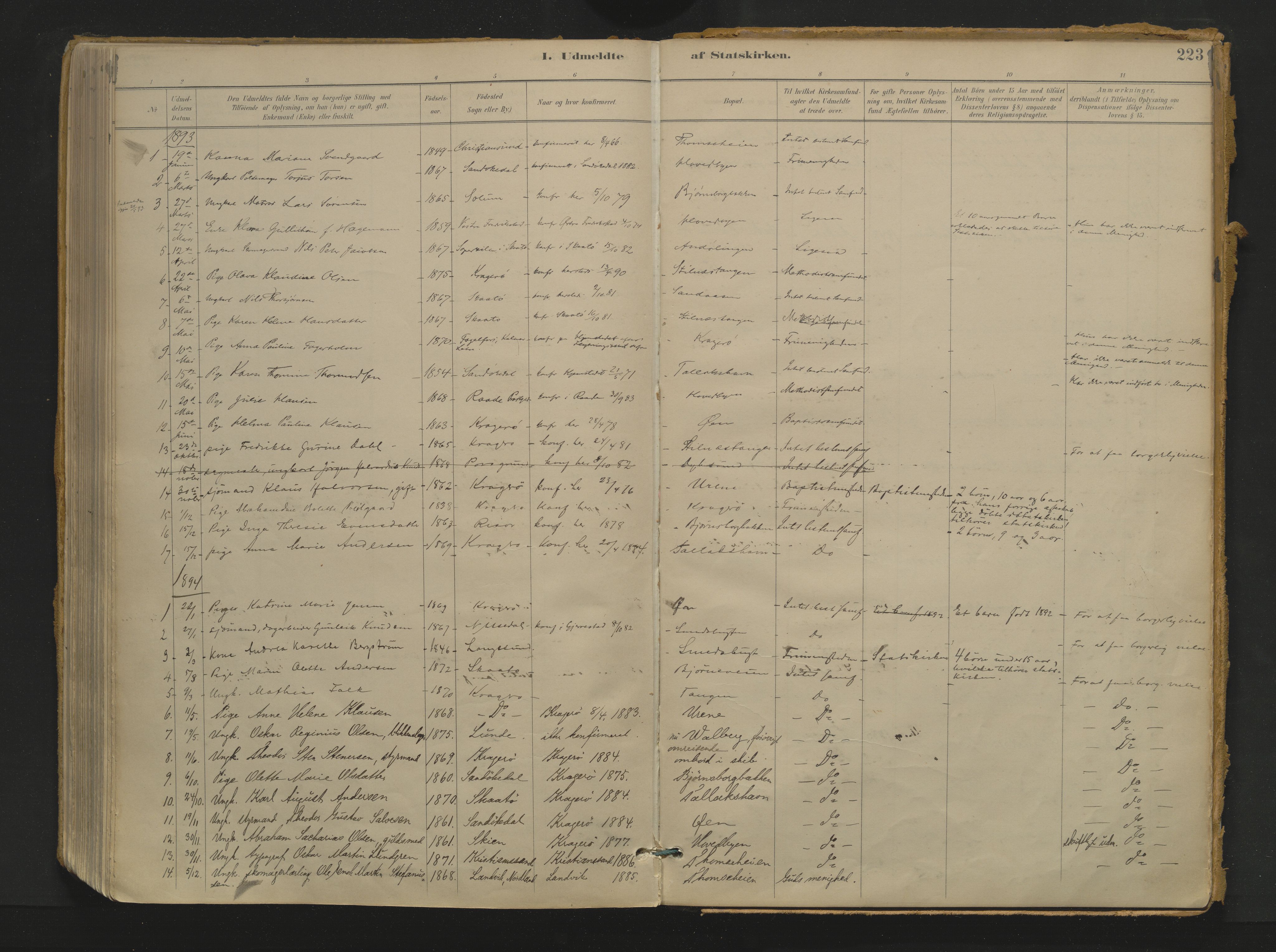 Kragerø kirkebøker, AV/SAKO-A-278/F/Fa/L0017: Parish register (official) no. 17, 1886-1923, p. 223