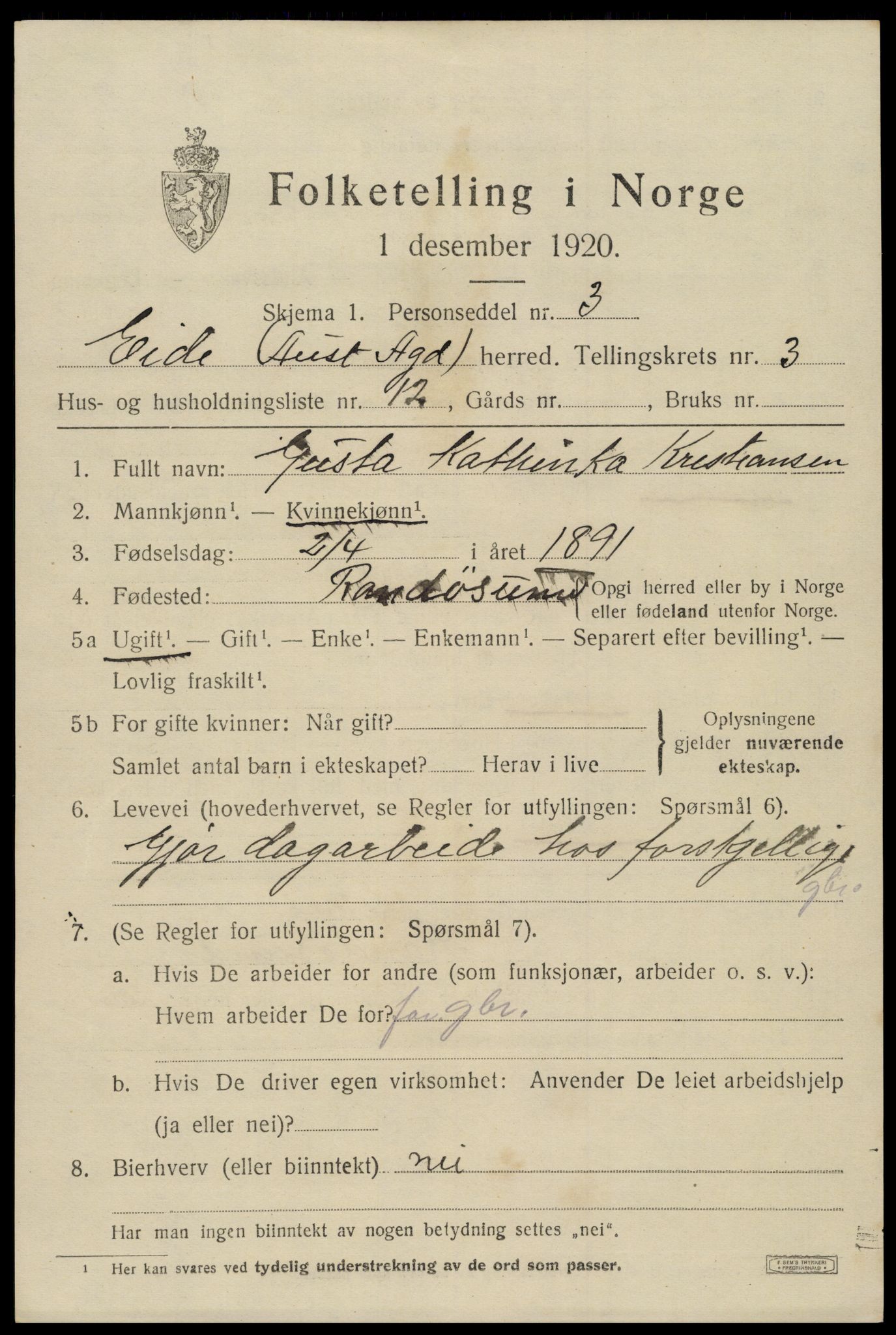 SAK, 1920 census for Eide, 1920, p. 1034