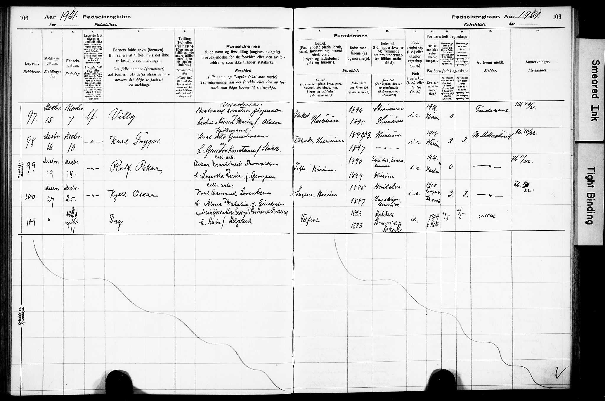 Hurum kirkebøker, AV/SAKO-A-229/J/Ja/L0001: Birth register no. 1, 1916-1928, p. 106