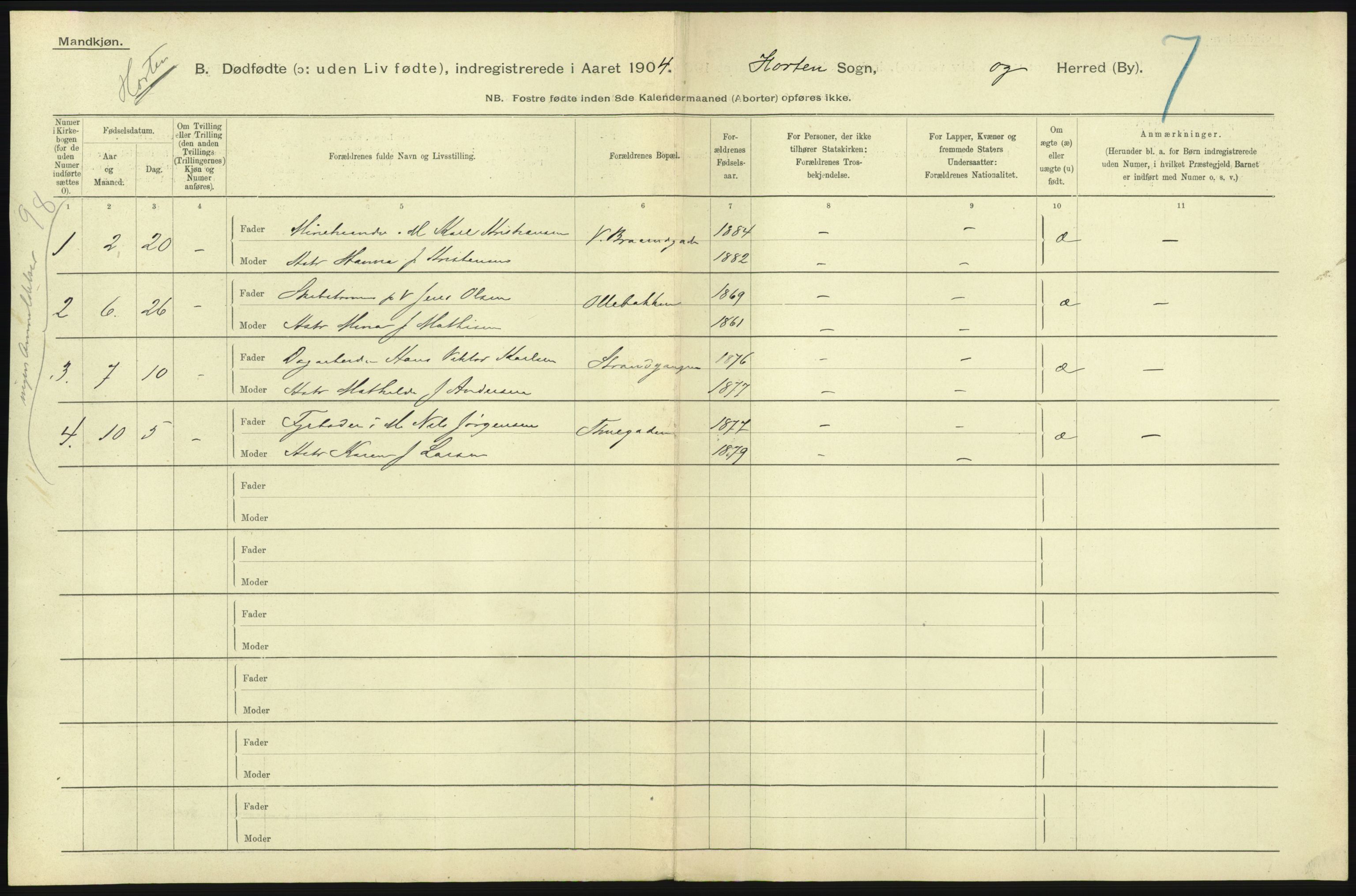 Statistisk sentralbyrå, Sosiodemografiske emner, Befolkning, RA/S-2228/D/Df/Dfa/Dfab/L0027: Smålenes amt - Finnmarkens amt: Dødfødte. Byer, 1904, p. 123