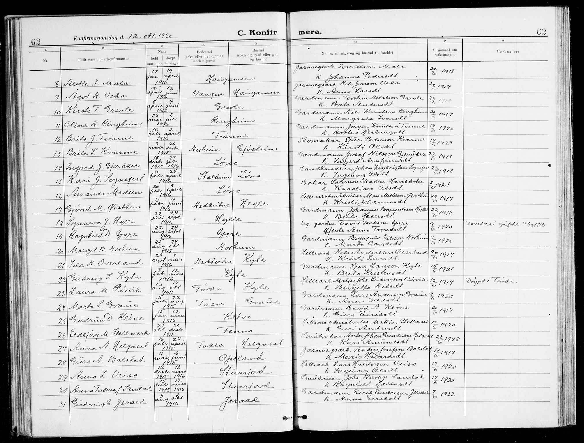 Voss sokneprestembete, AV/SAB-A-79001/H/Haa: Parish register (official) no. B 3, 1922-1942, p. 62