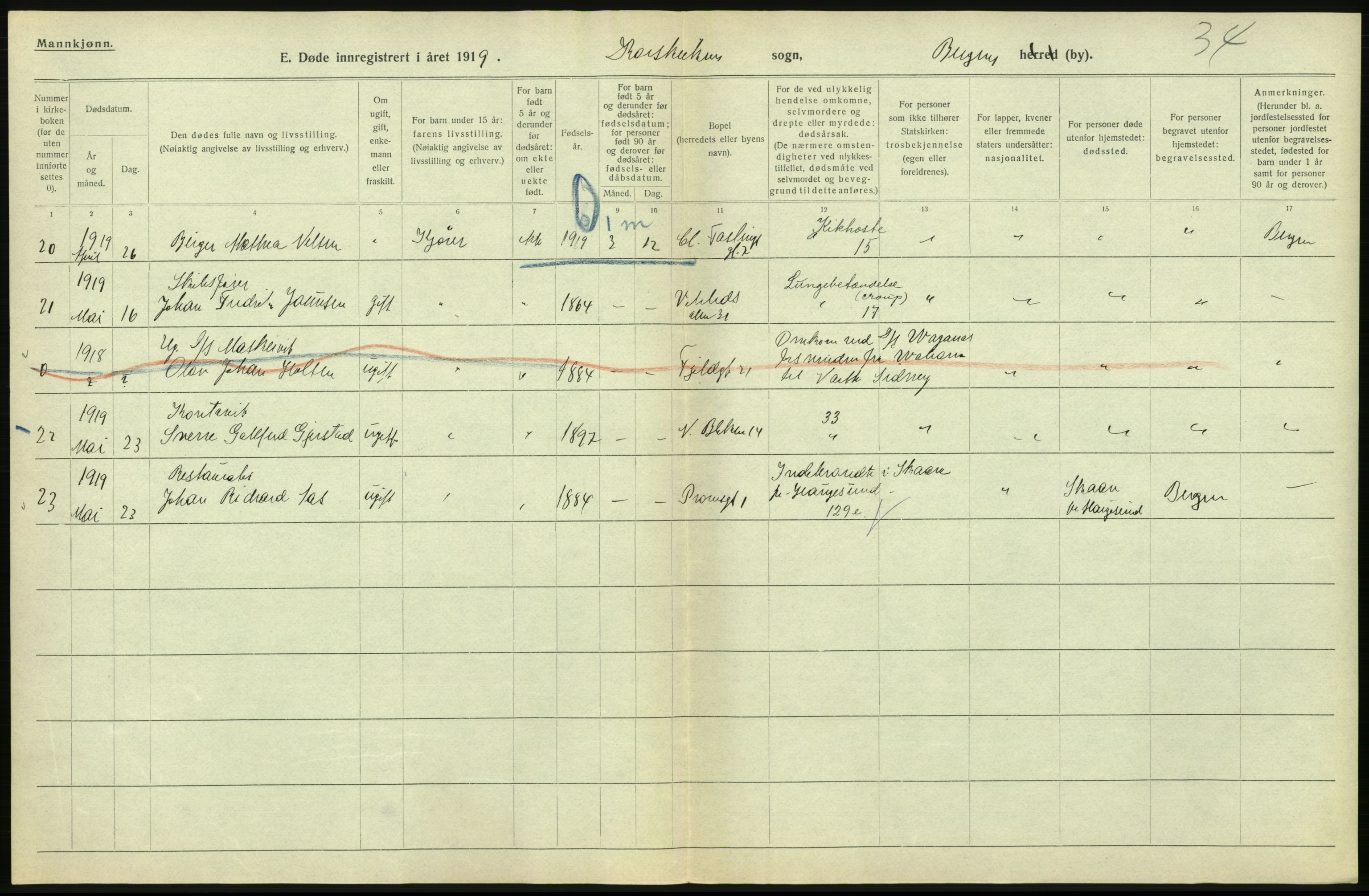 Statistisk sentralbyrå, Sosiodemografiske emner, Befolkning, AV/RA-S-2228/D/Df/Dfb/Dfbi/L0035: Bergen: Gifte, døde, dødfødte., 1919, p. 660