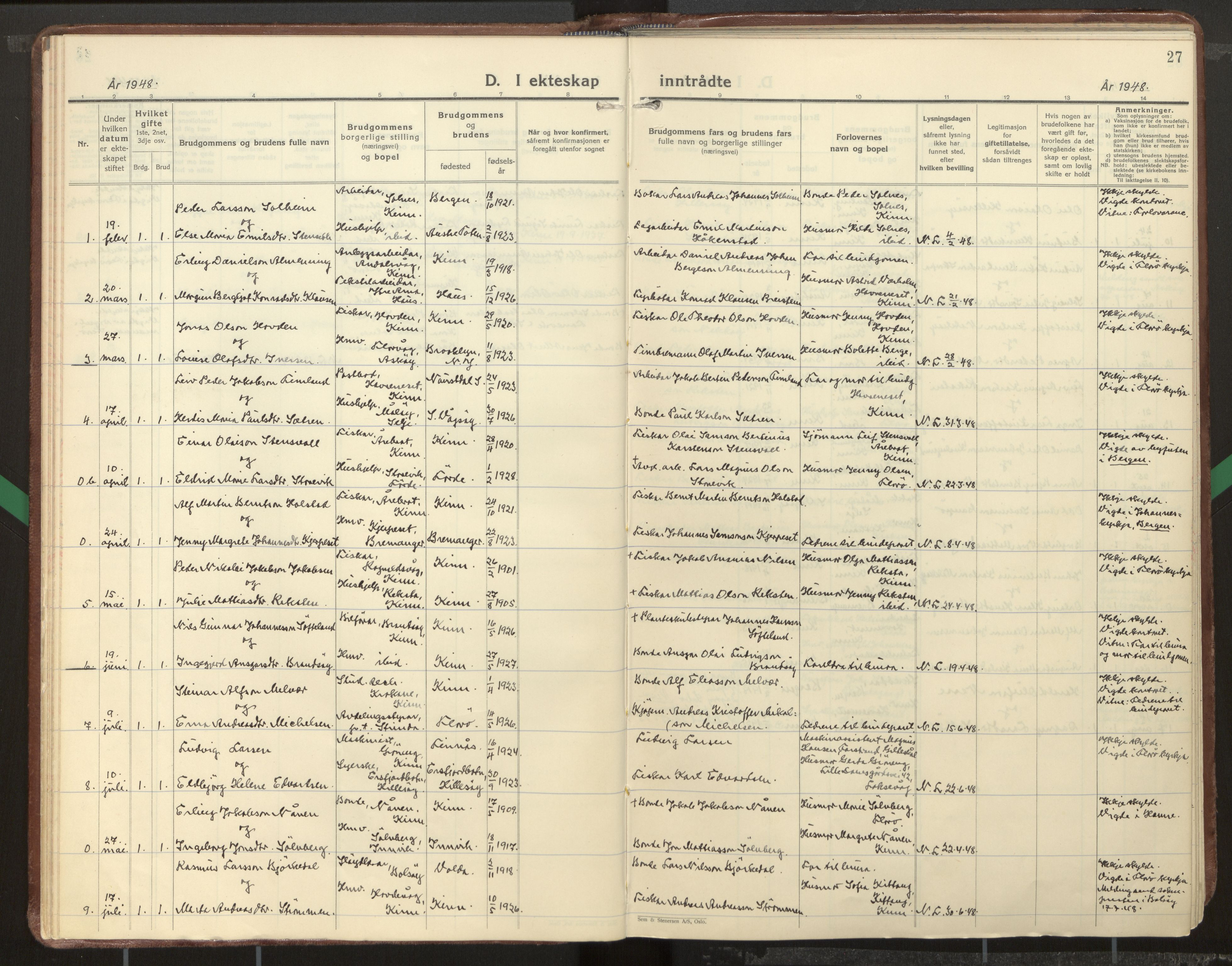 Kinn sokneprestembete, AV/SAB-A-80801/H/Haa/Haab/L0012: Parish register (official) no. B 12, 1937-1968, p. 27