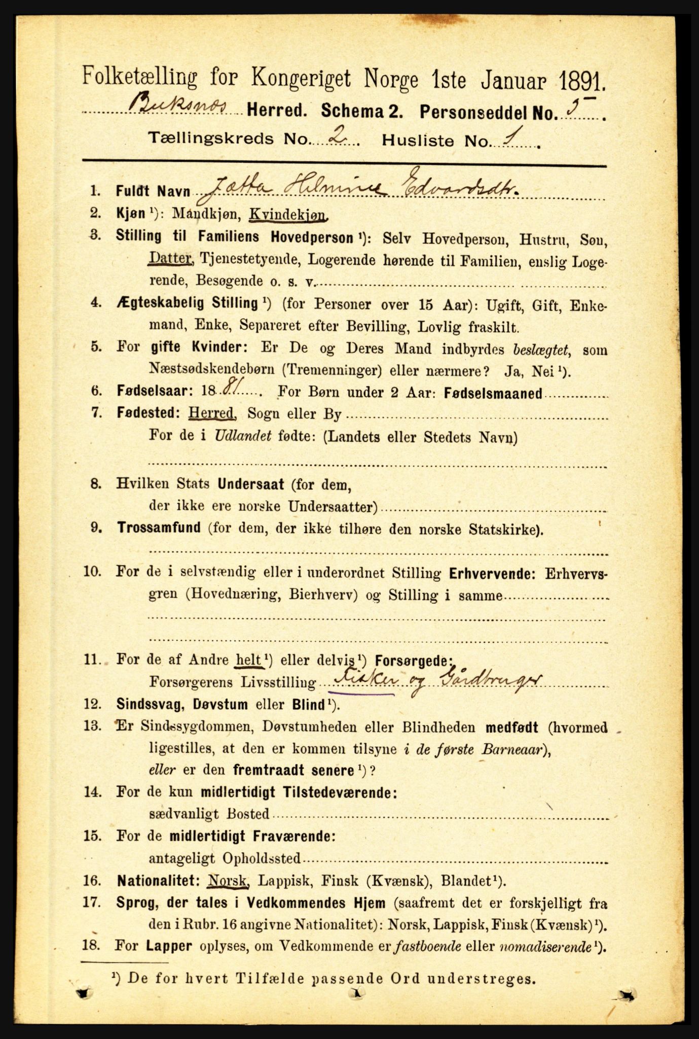 RA, 1891 census for 1860 Buksnes, 1891, p. 1598