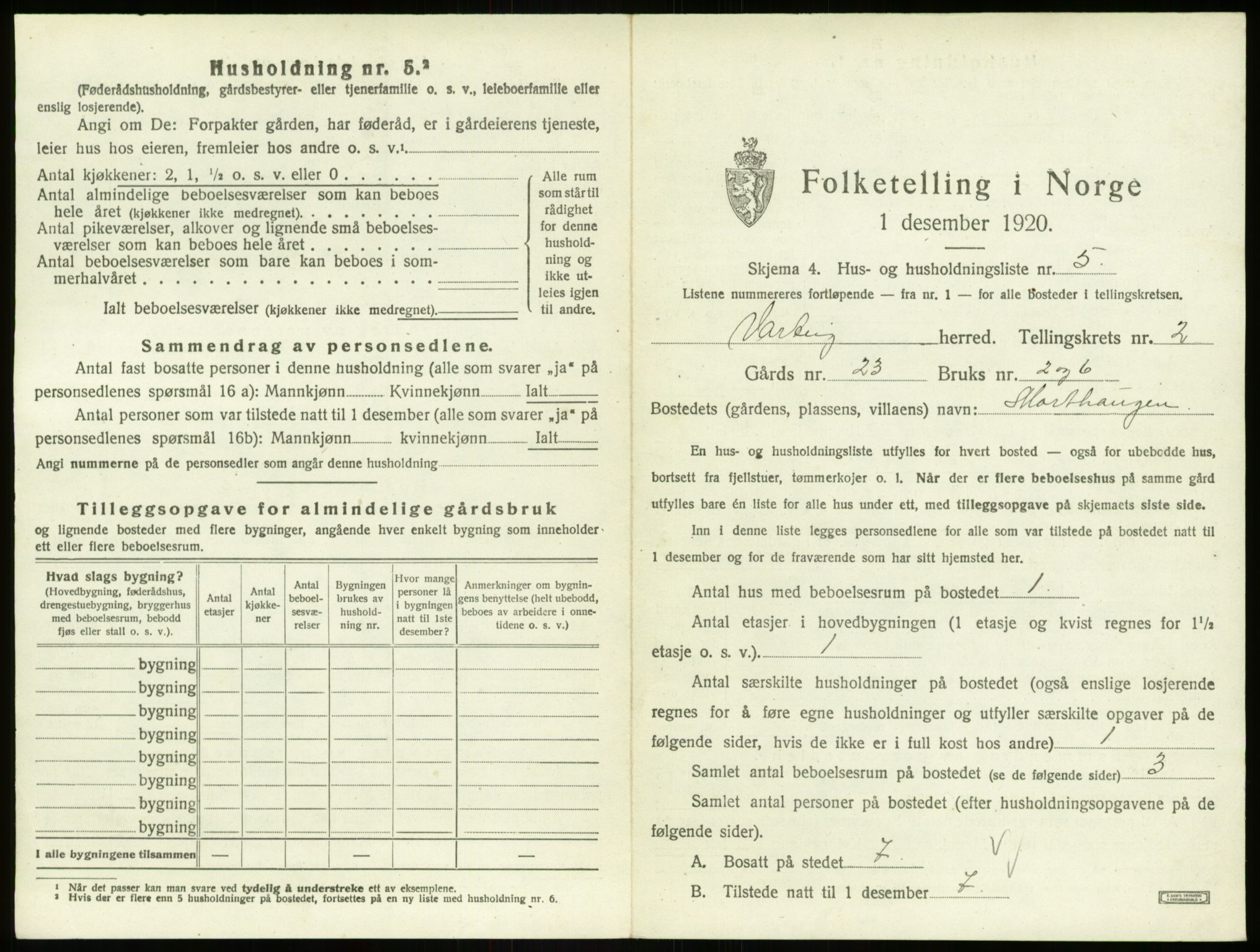 SAO, 1920 census for Varteig, 1920, p. 152