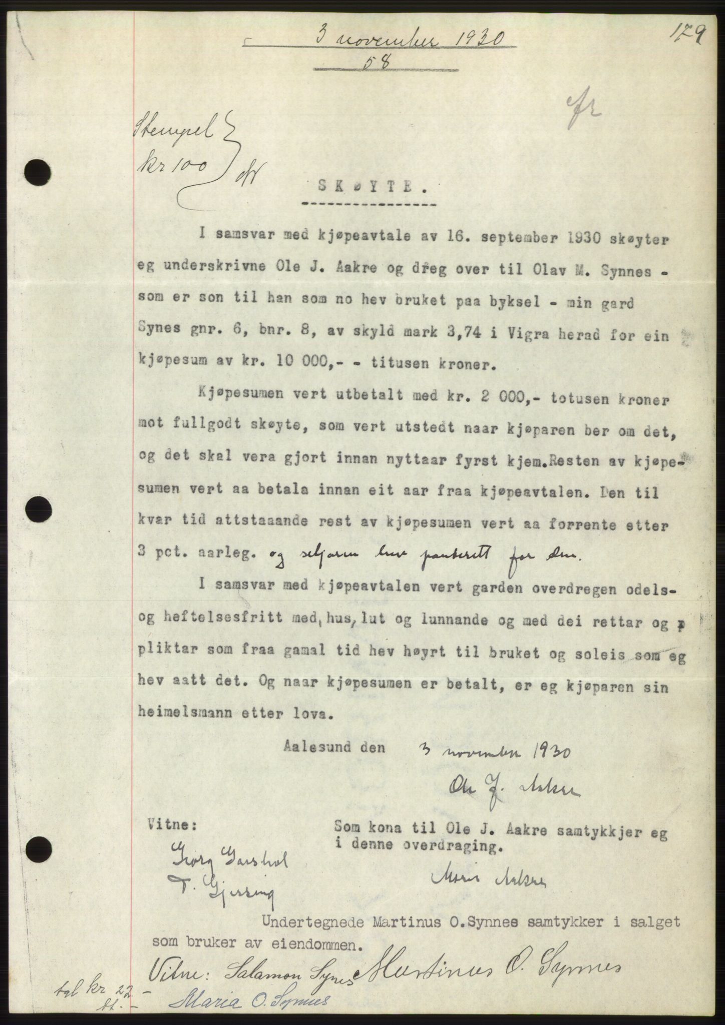 Nordre Sunnmøre sorenskriveri, AV/SAT-A-0006/1/2/2C/2Ca/L0047: Mortgage book no. 47, 1930-1931, Deed date: 03.11.1930