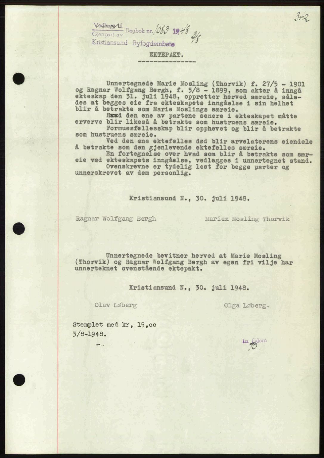 Kristiansund byfogd, AV/SAT-A-4587/A/27: Mortgage book no. 44, 1947-1948, Diary no: : 1083/1948