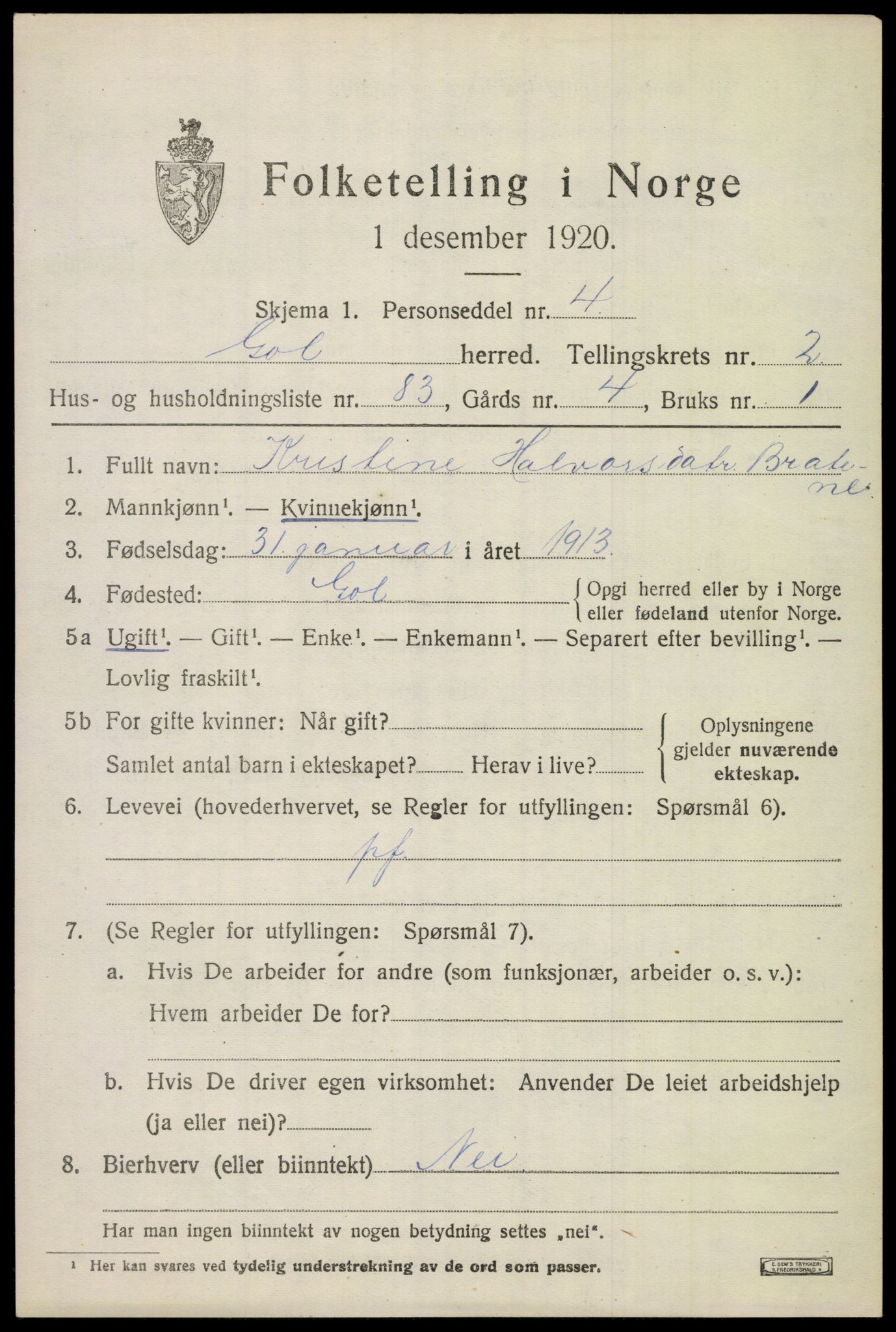 SAKO, 1920 census for Gol, 1920, p. 2170