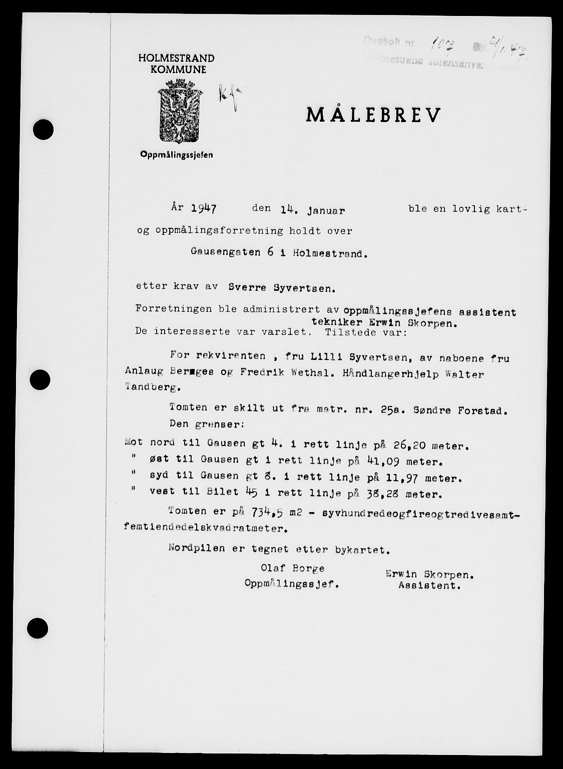 Holmestrand sorenskriveri, AV/SAKO-A-67/G/Ga/Gaa/L0061: Mortgage book no. A-61, 1946-1947, Diary no: : 107/1947