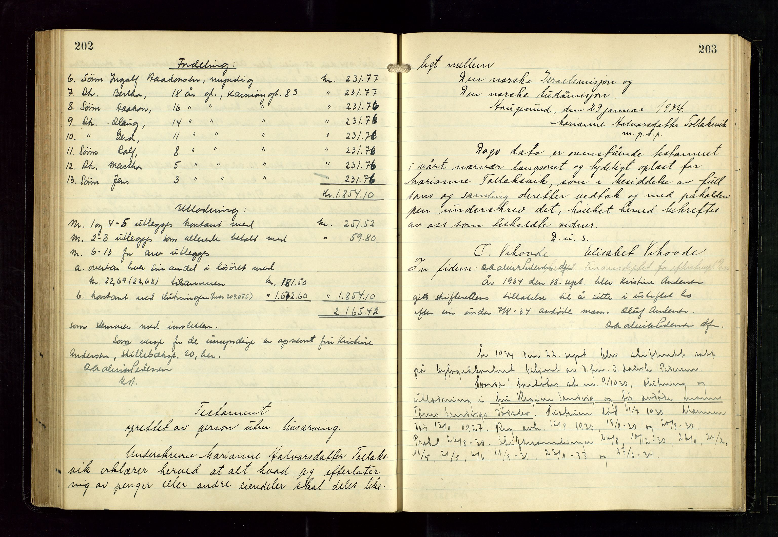 Haugesund tingrett, AV/SAST-A-101415/01/IV/IVD/L0005: Skifteutlodningsprotokoll, med register, 1931-1937, p. 202-203