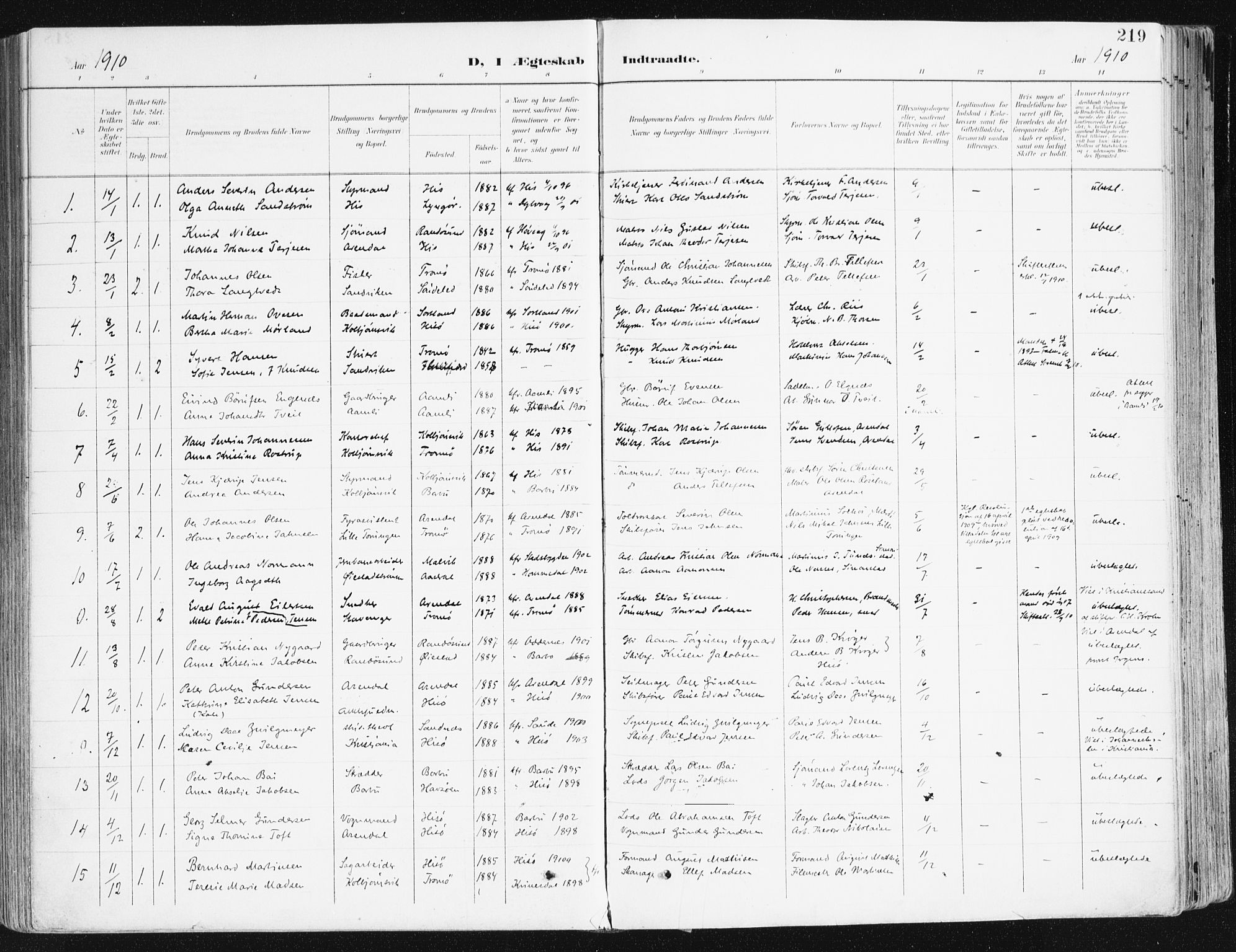 Hisøy sokneprestkontor, SAK/1111-0020/F/Fa/L0004: Parish register (official) no. A 4, 1895-1917, p. 219