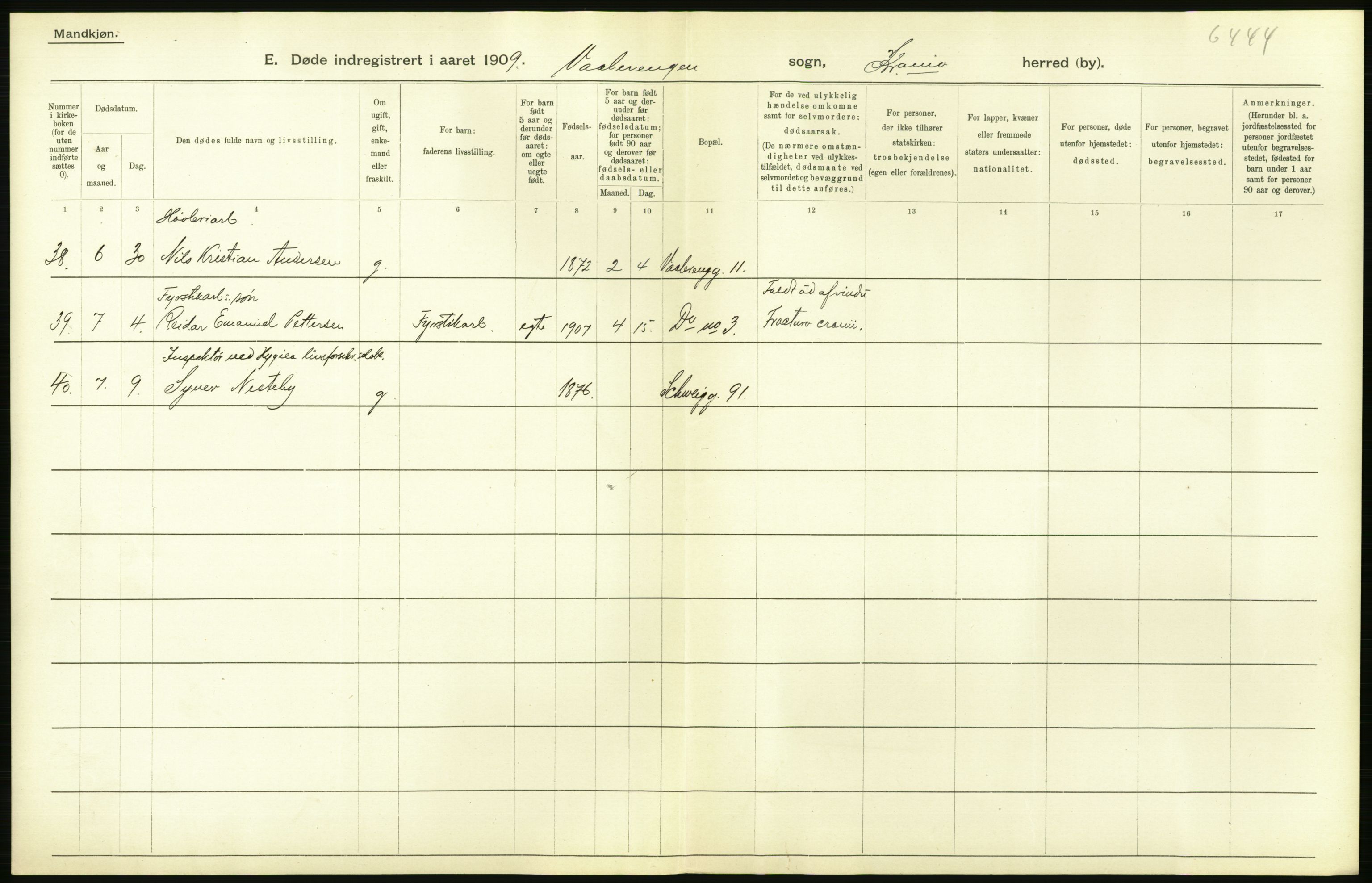 Statistisk sentralbyrå, Sosiodemografiske emner, Befolkning, AV/RA-S-2228/D/Df/Dfa/Dfag/L0010: Kristiania: Døde, dødfødte., 1909, p. 310