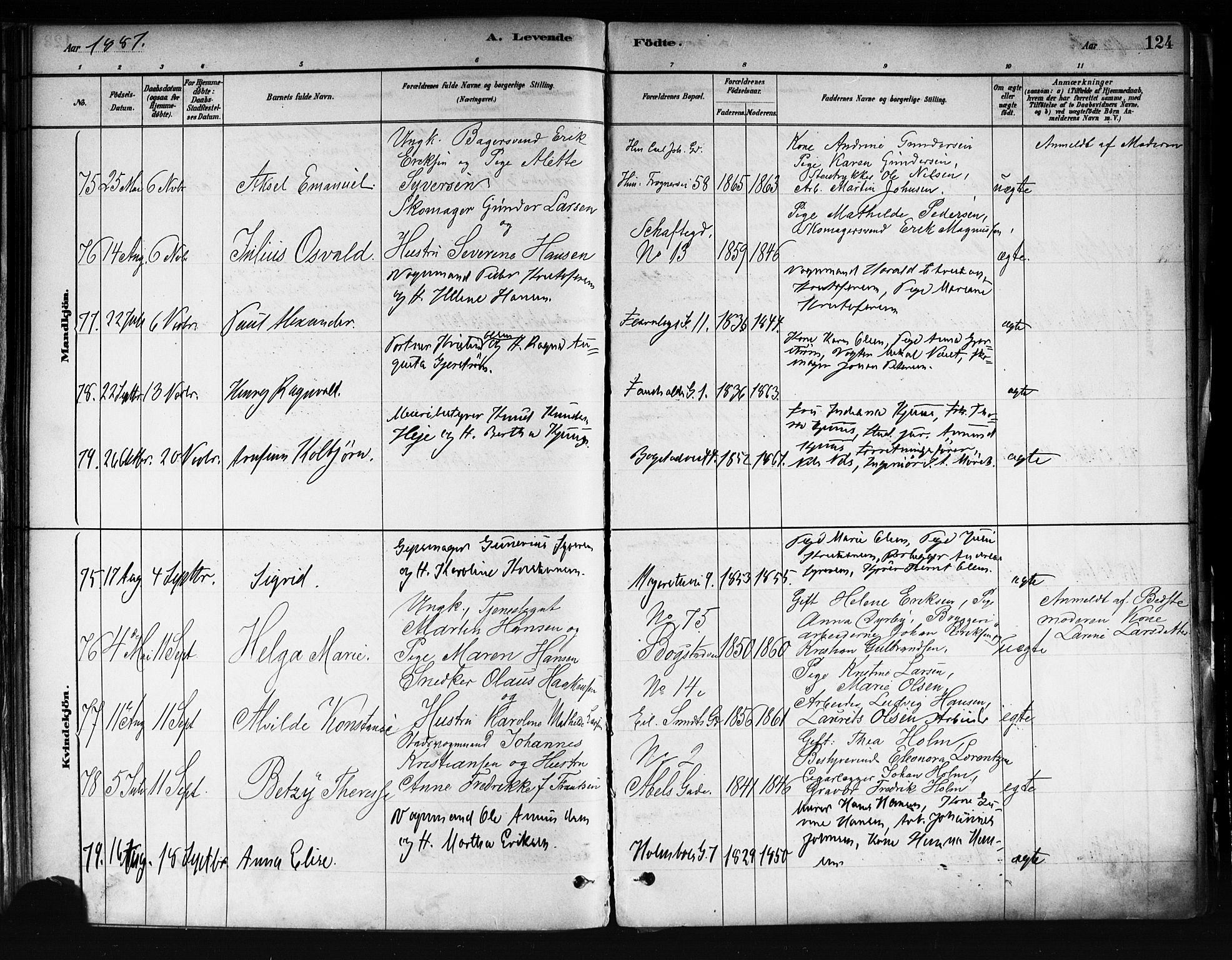 Uranienborg prestekontor Kirkebøker, SAO/A-10877/F/Fa/L0001: Parish register (official) no. 1, 1880-1895, p. 124