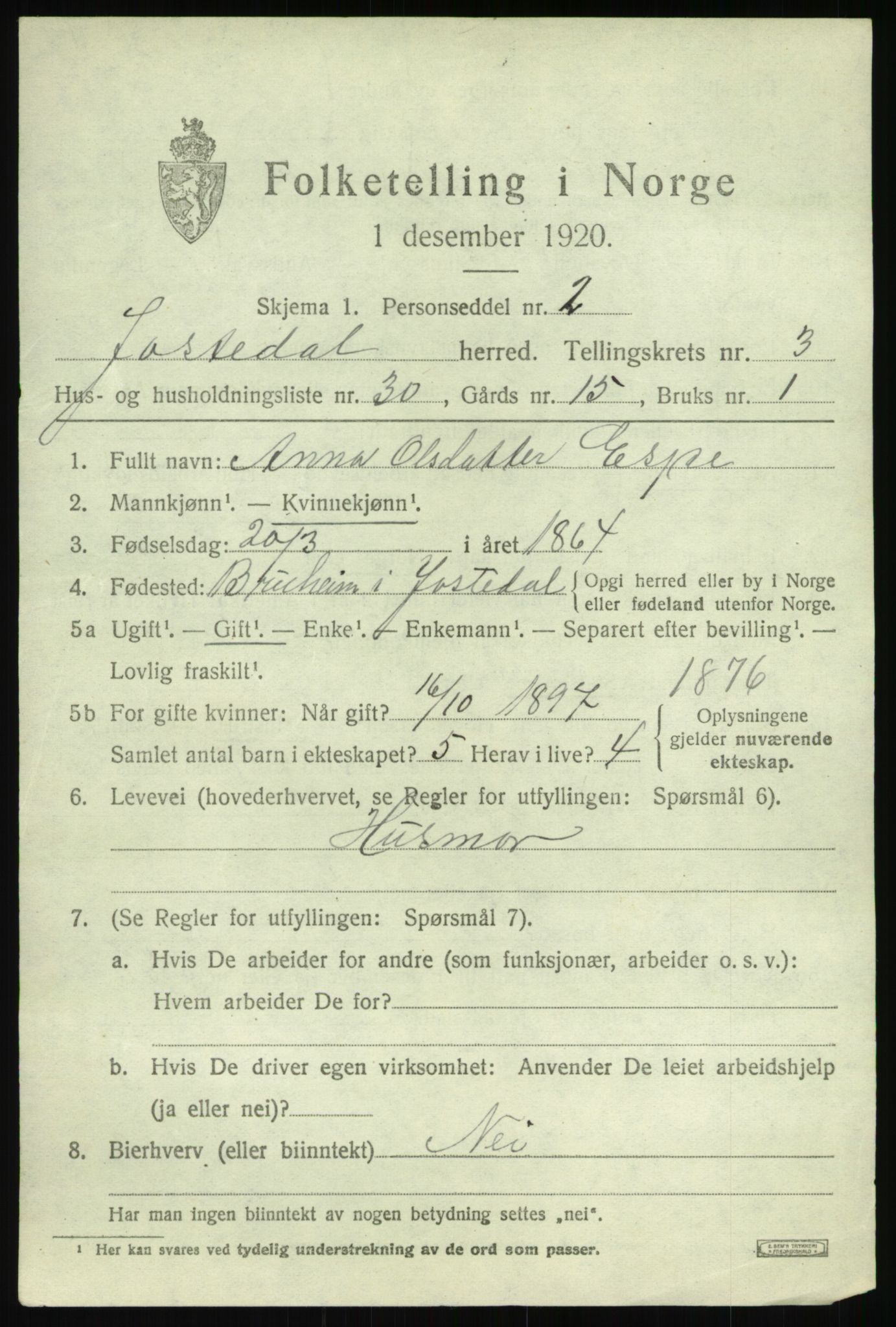 SAB, 1920 census for Jostedal, 1920, p. 1514