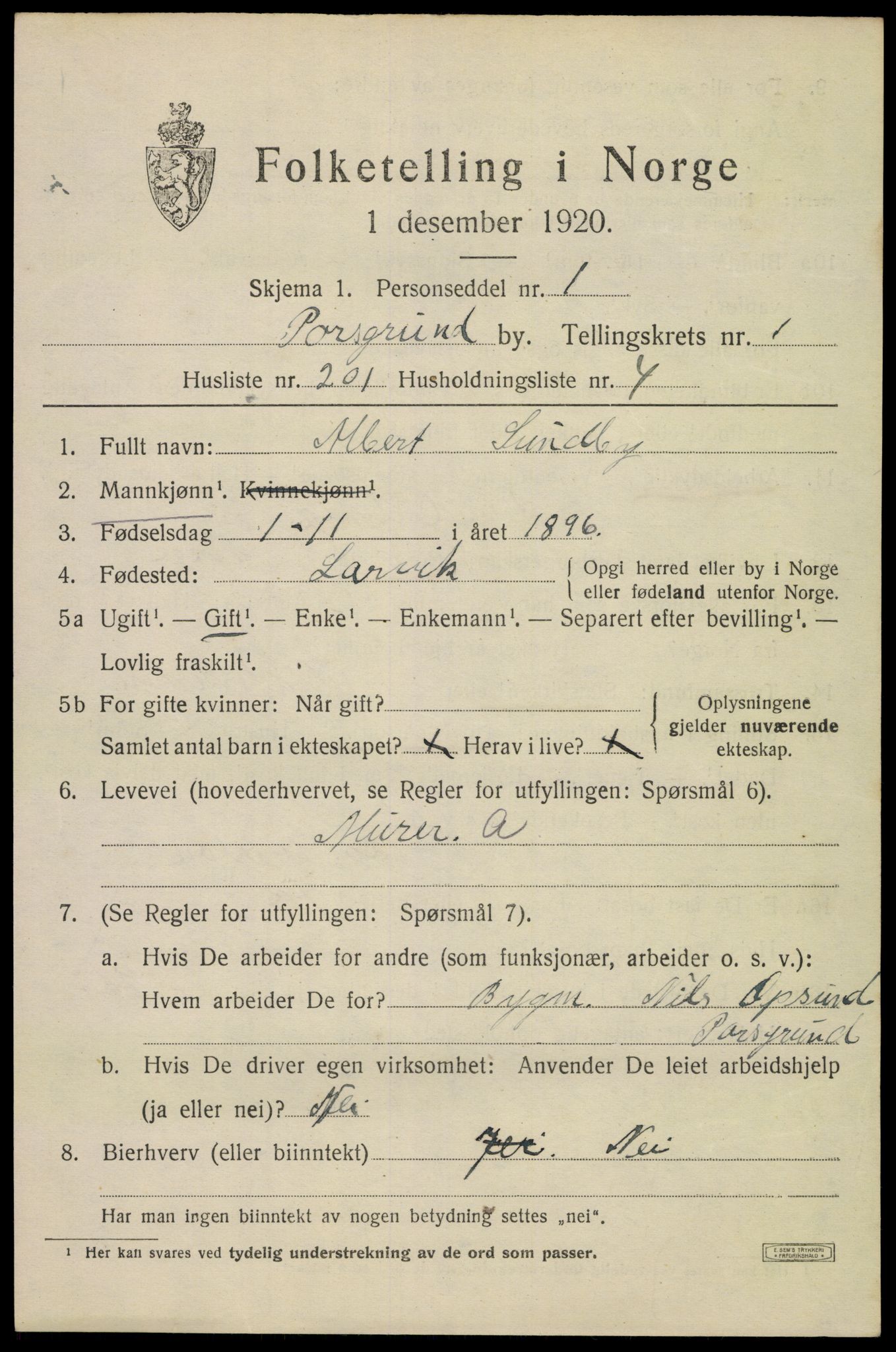 SAKO, 1920 census for Porsgrunn, 1920, p. 9425