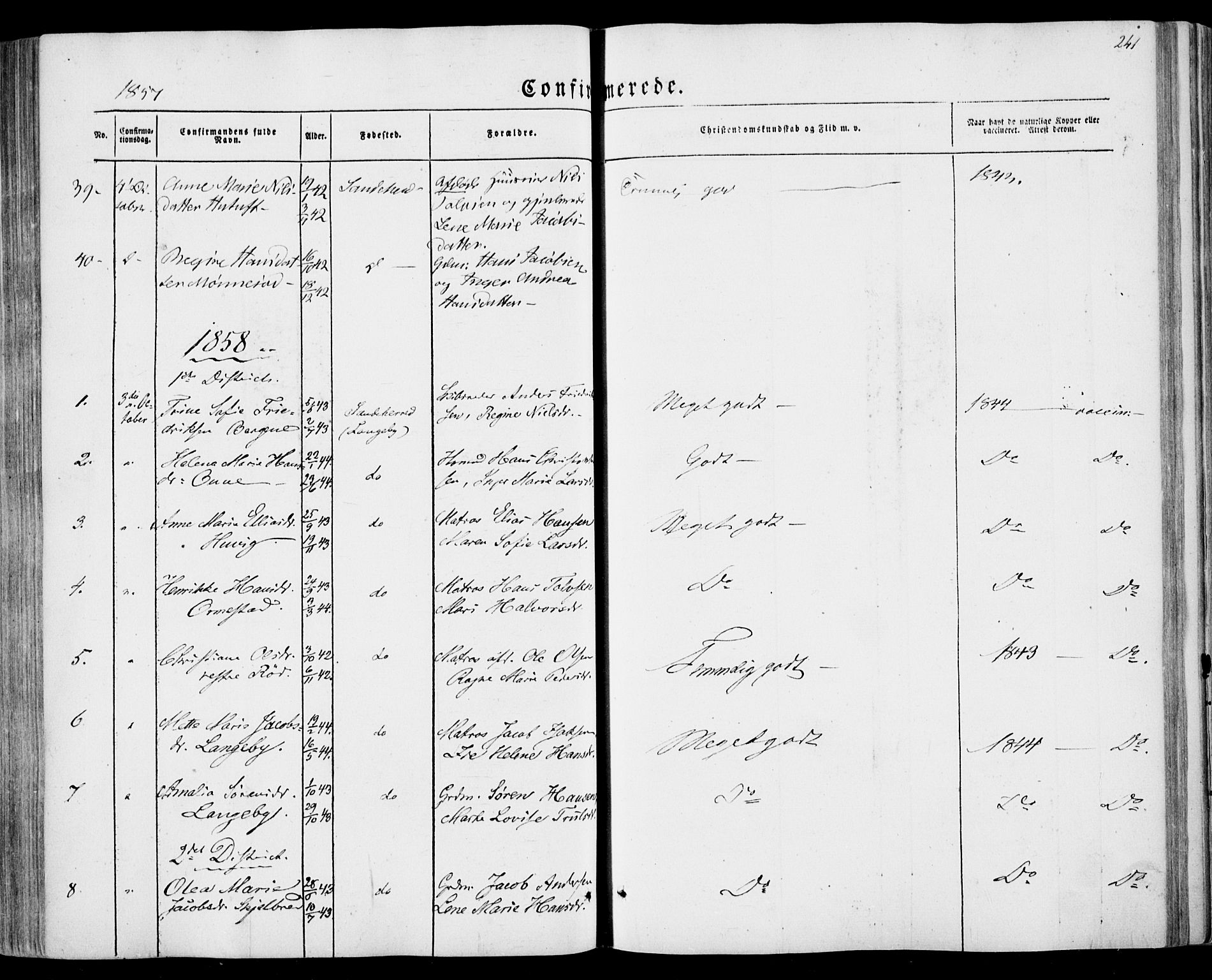 Sandar kirkebøker, SAKO/A-243/F/Fa/L0007: Parish register (official) no. 7, 1855-1861, p. 241