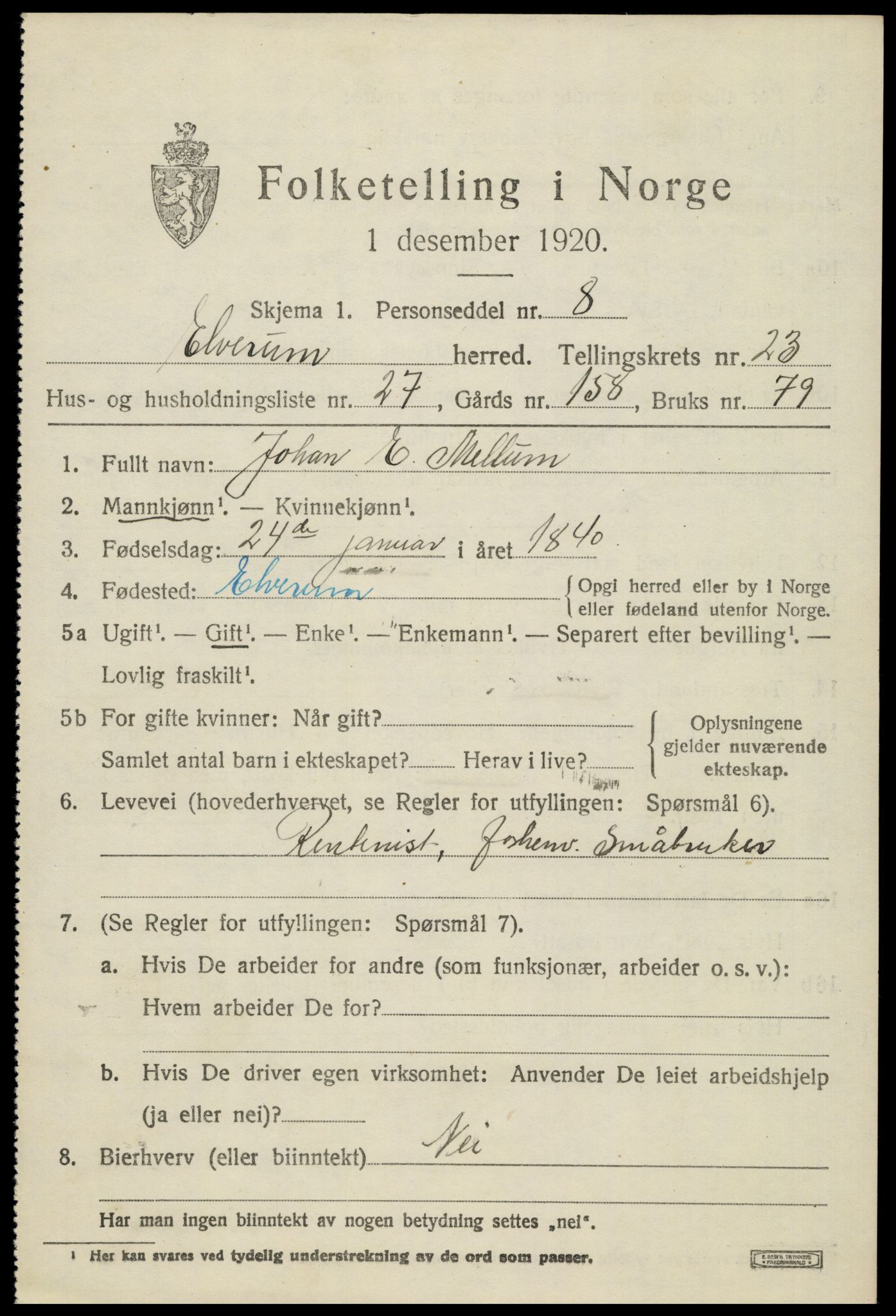 SAH, 1920 census for Elverum, 1920, p. 25504