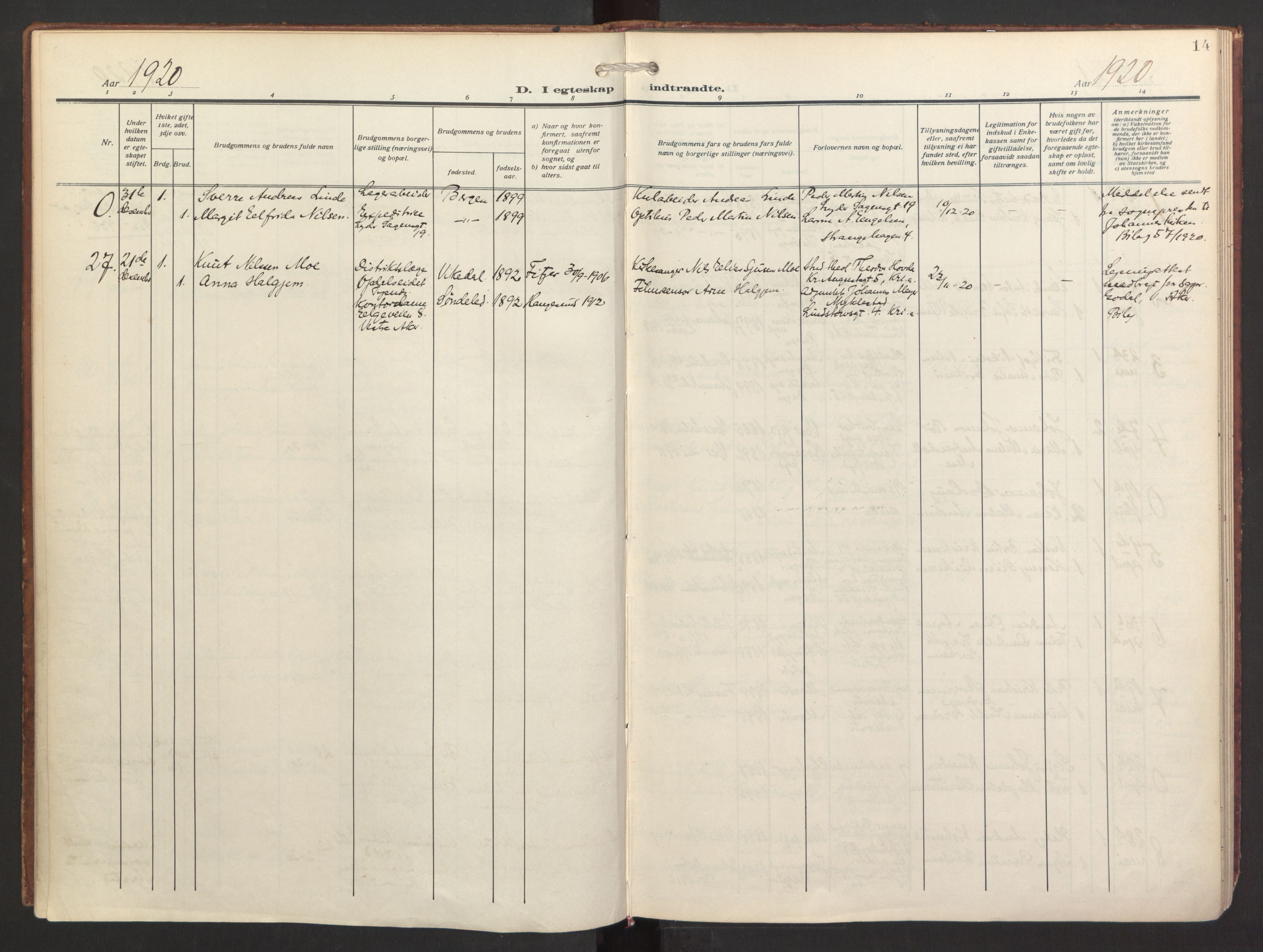 St. Jacob sokneprestembete, AV/SAB-A-78001/H/Haa/L0005: Parish register (official) no. C 1, 1917-1951, p. 14