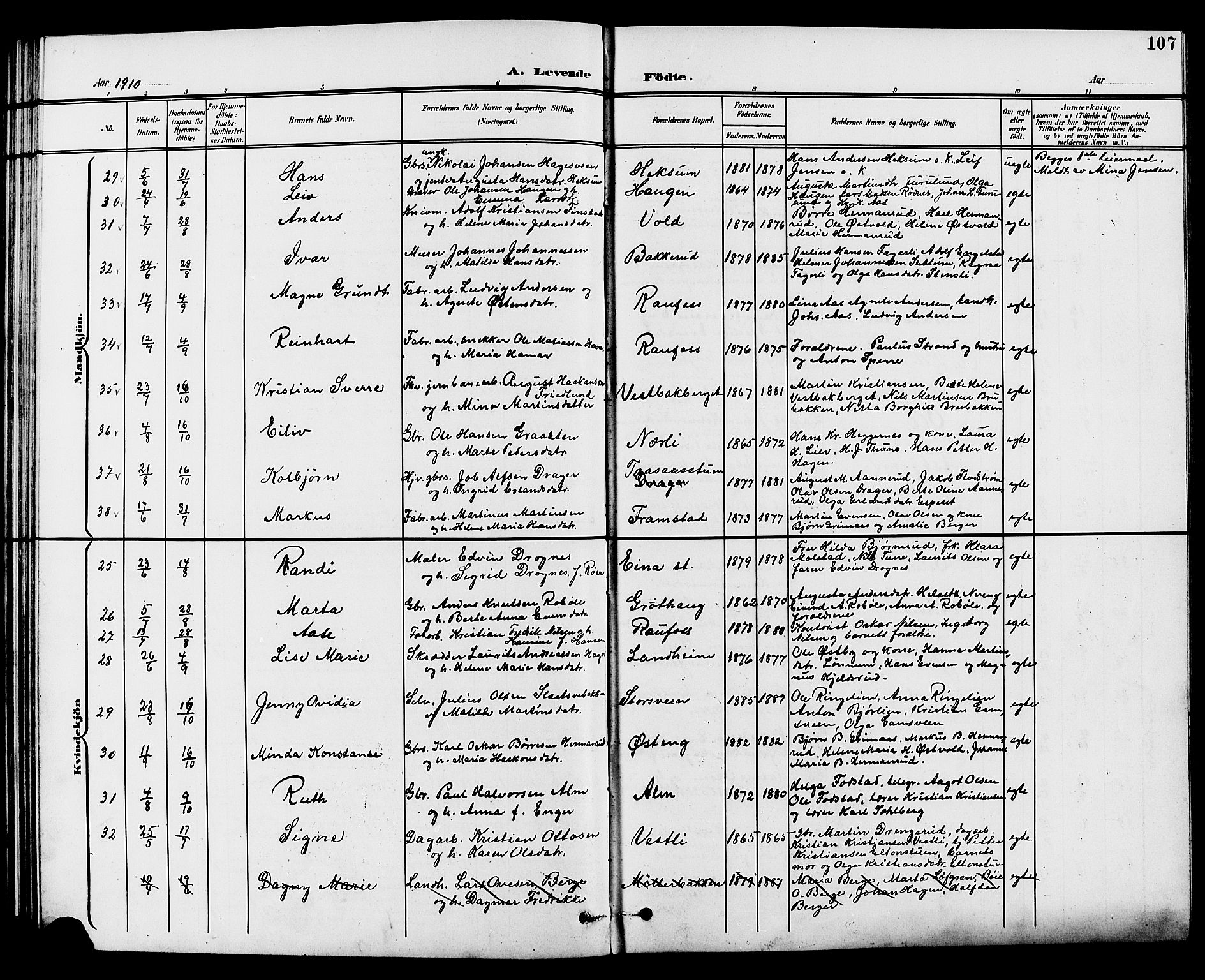 Vestre Toten prestekontor, AV/SAH-PREST-108/H/Ha/Hab/L0010: Parish register (copy) no. 10, 1900-1912, p. 107