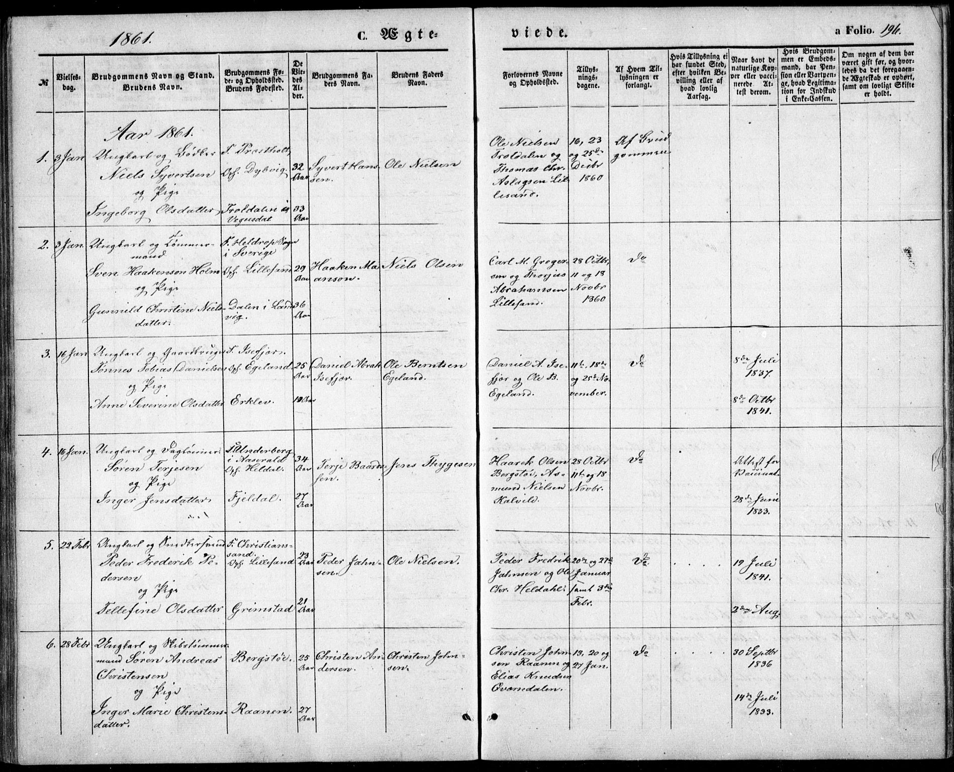 Vestre Moland sokneprestkontor, SAK/1111-0046/F/Fb/Fbb/L0003: Parish register (copy) no. B 3, 1851-1861, p. 196