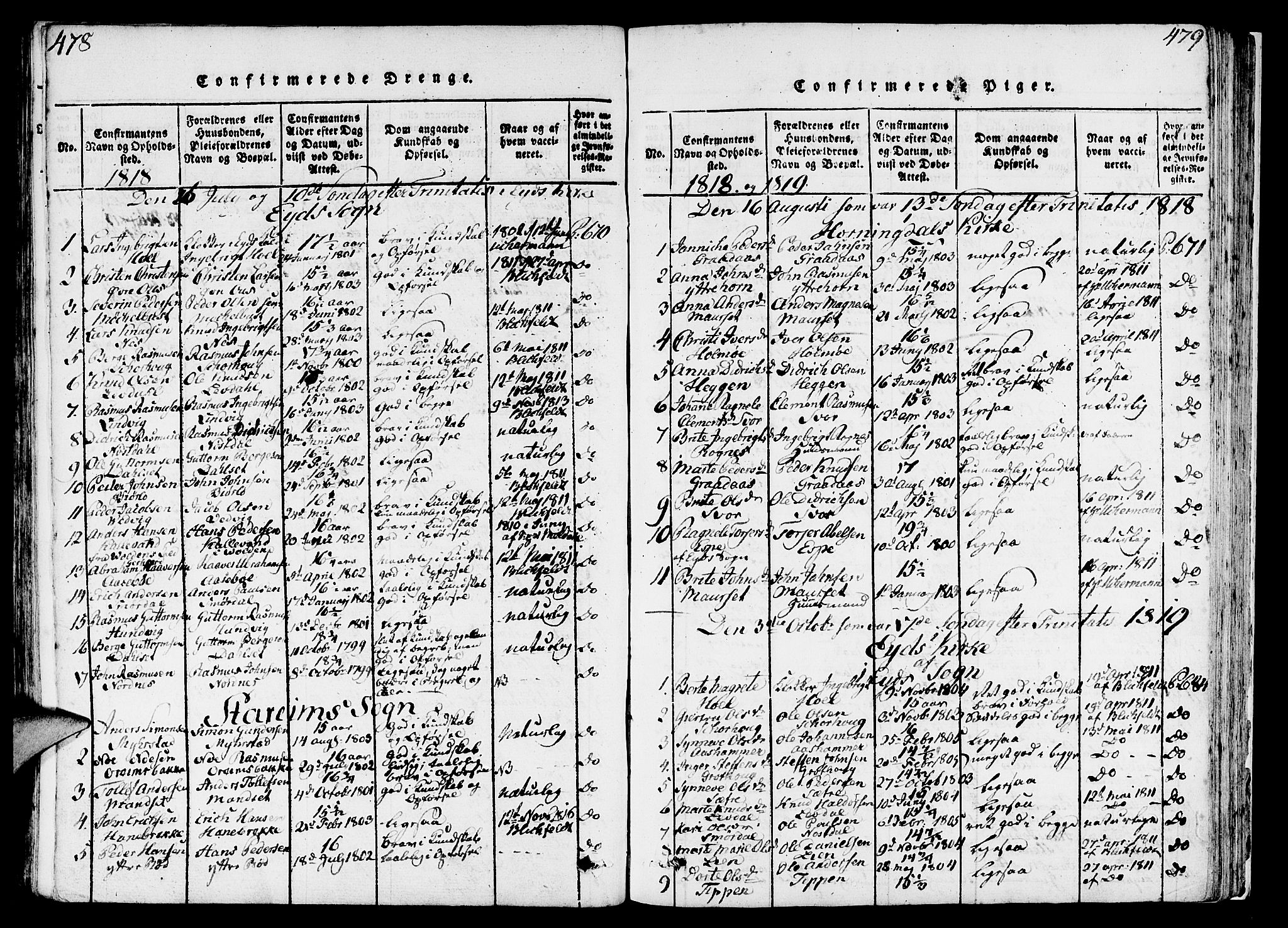 Eid sokneprestembete, AV/SAB-A-82301/H/Haa/Haaa/L0005: Parish register (official) no. A 5, 1816-1830, p. 478-479