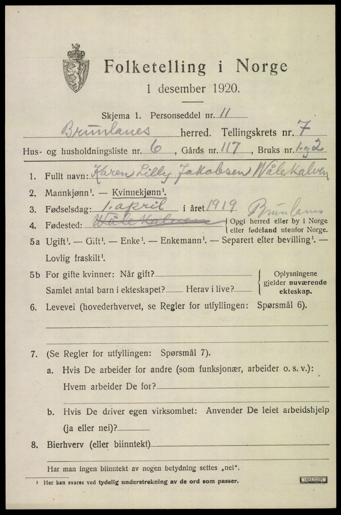 SAKO, 1920 census for Brunlanes, 1920, p. 7155
