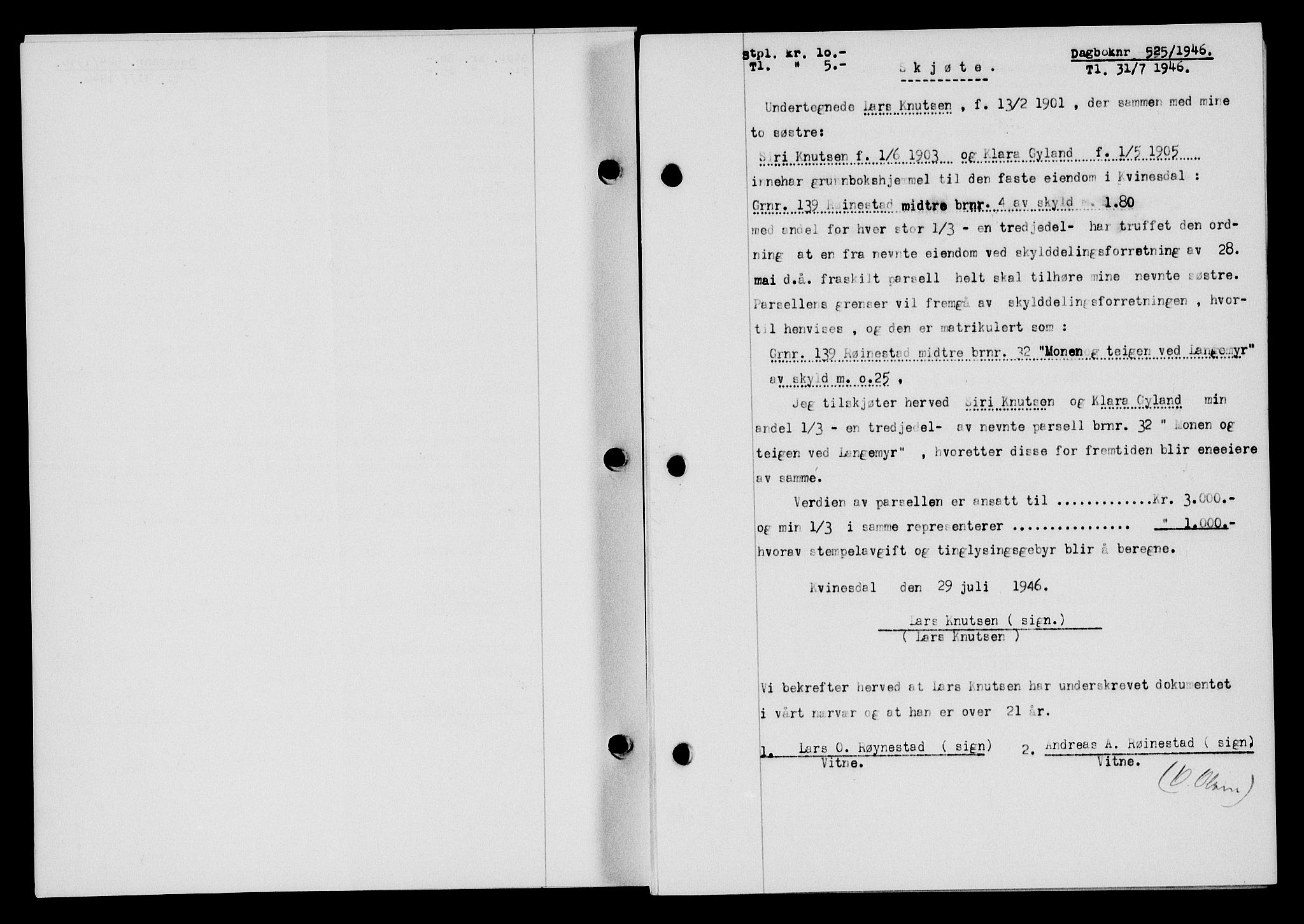 Flekkefjord sorenskriveri, SAK/1221-0001/G/Gb/Gba/L0060: Mortgage book no. A-8, 1945-1946, Diary no: : 525/1946