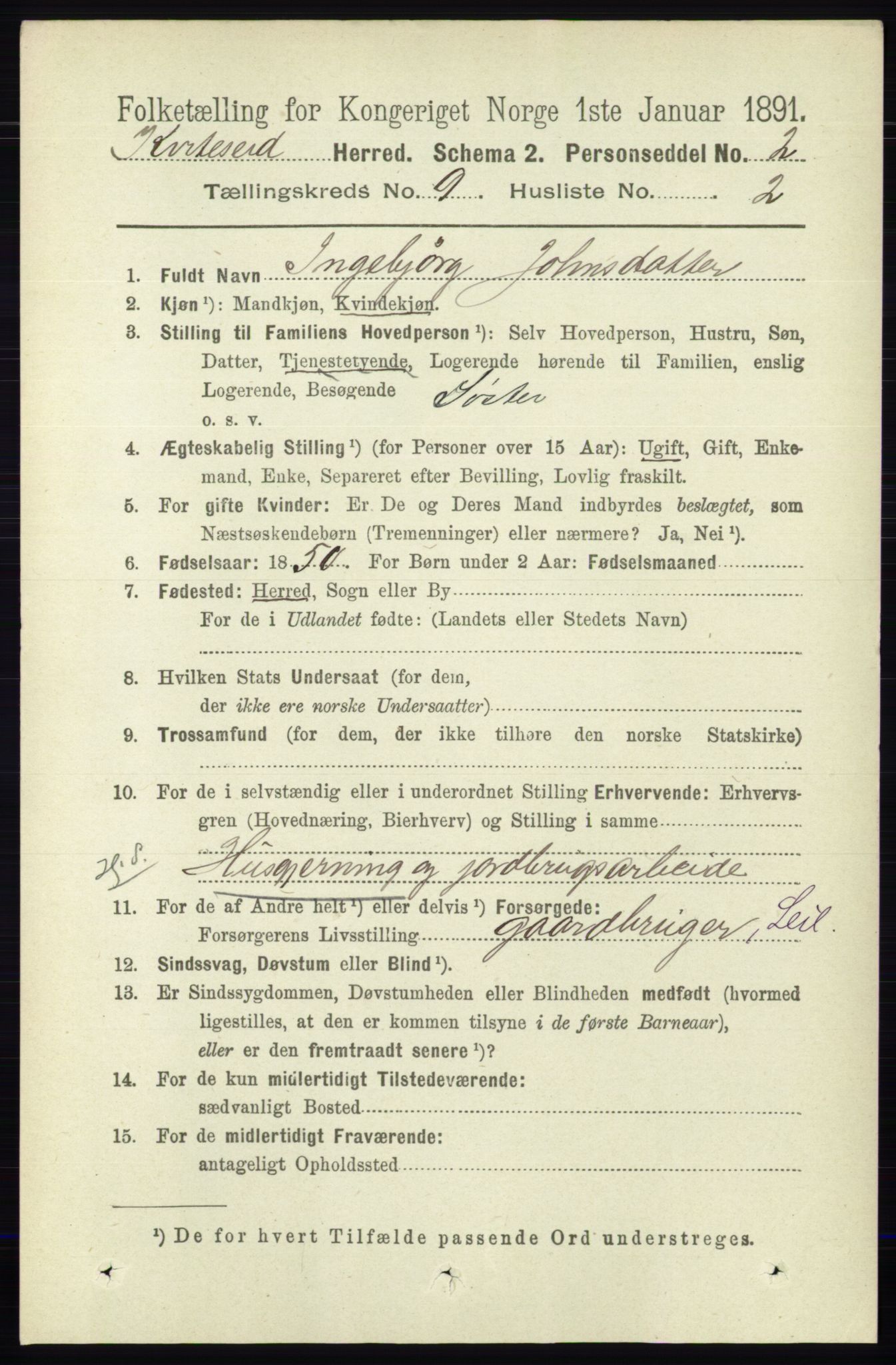 RA, 1891 census for 0829 Kviteseid, 1891, p. 1997