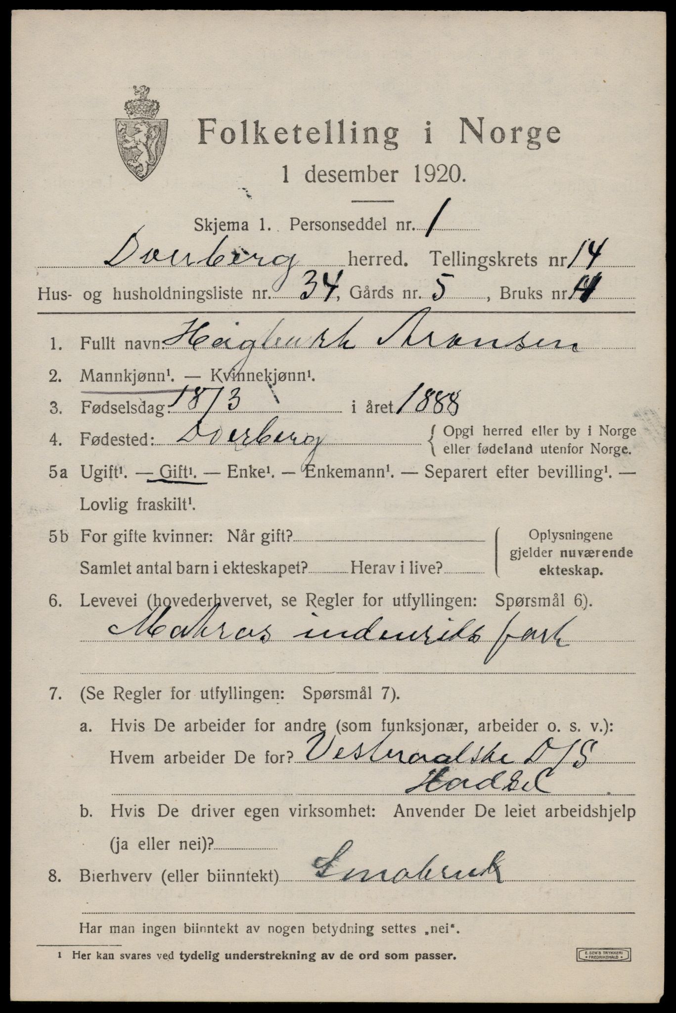 SAT, 1920 census for Dverberg, 1920, p. 10982