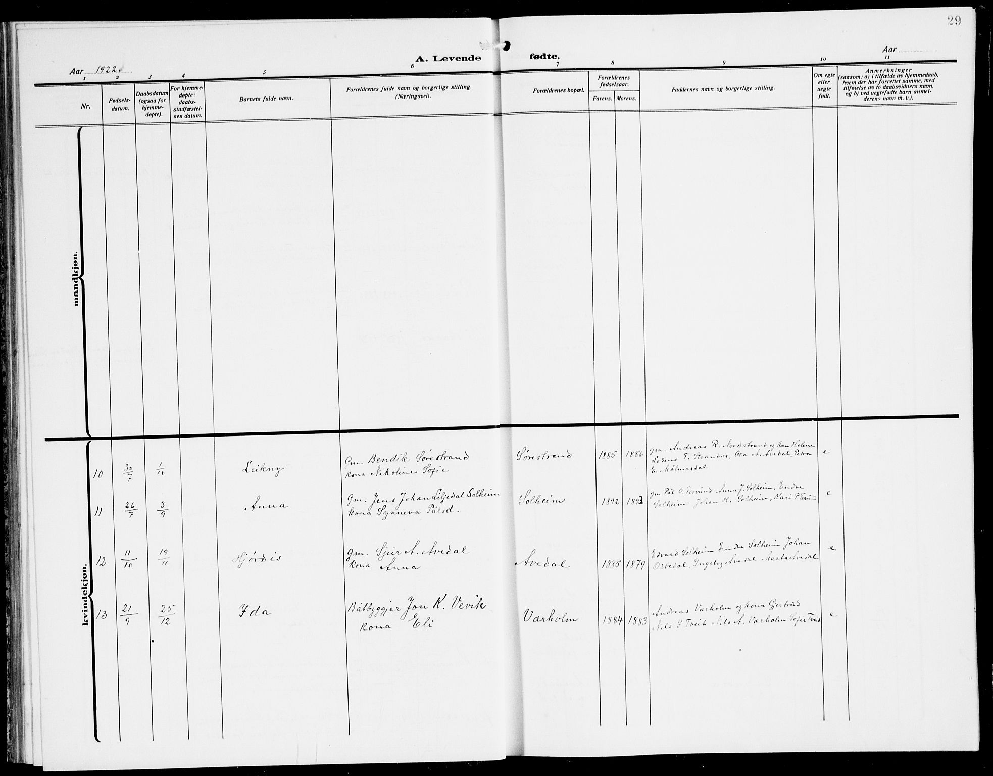 Lavik sokneprestembete, SAB/A-80901: Parish register (copy) no. A 3, 1911-1942, p. 29