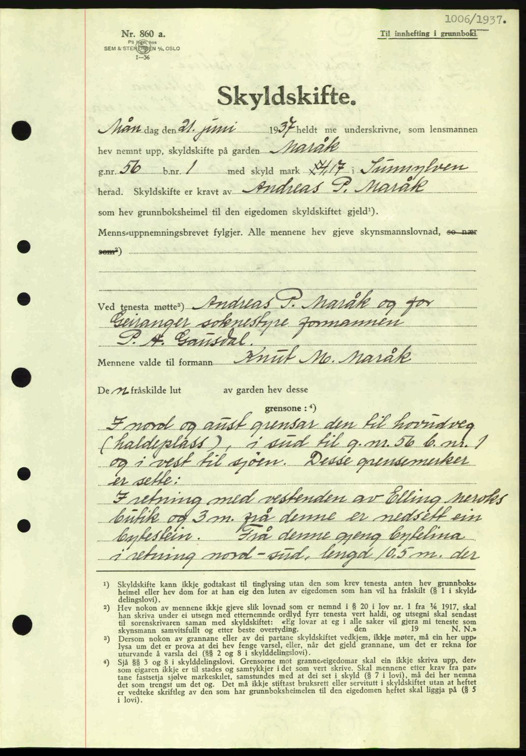 Nordre Sunnmøre sorenskriveri, AV/SAT-A-0006/1/2/2C/2Ca: Mortgage book no. A3, 1937-1937, Diary no: : 1006/1937