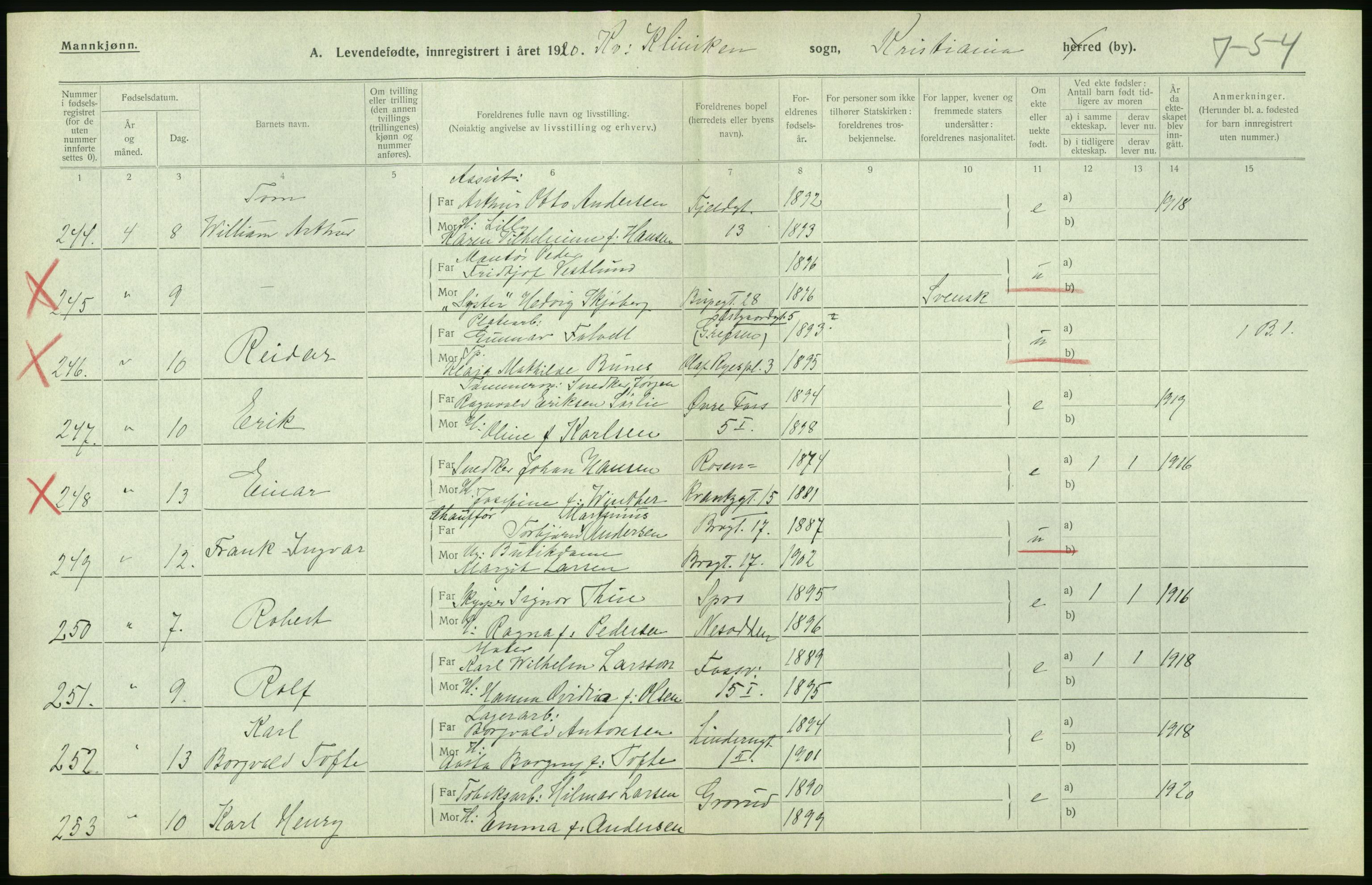 Statistisk sentralbyrå, Sosiodemografiske emner, Befolkning, AV/RA-S-2228/D/Df/Dfb/Dfbj/L0008: Kristiania: Levendefødte menn og kvinner., 1920, p. 374