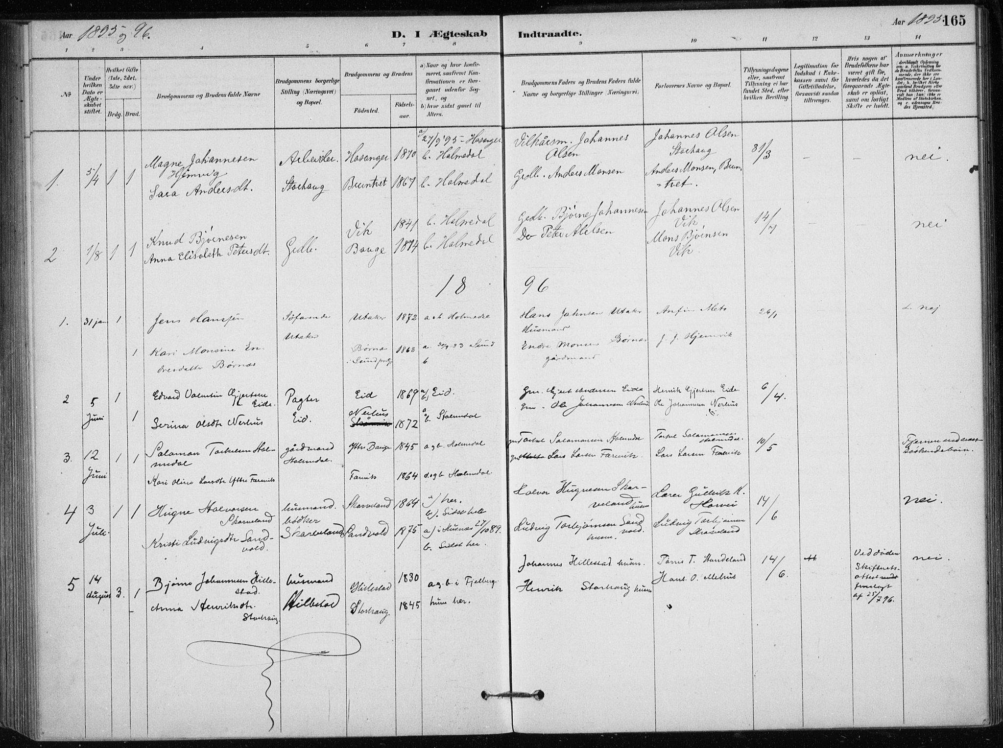 Skånevik sokneprestembete, SAB/A-77801/H/Haa: Parish register (official) no. C  1, 1879-1917, p. 165