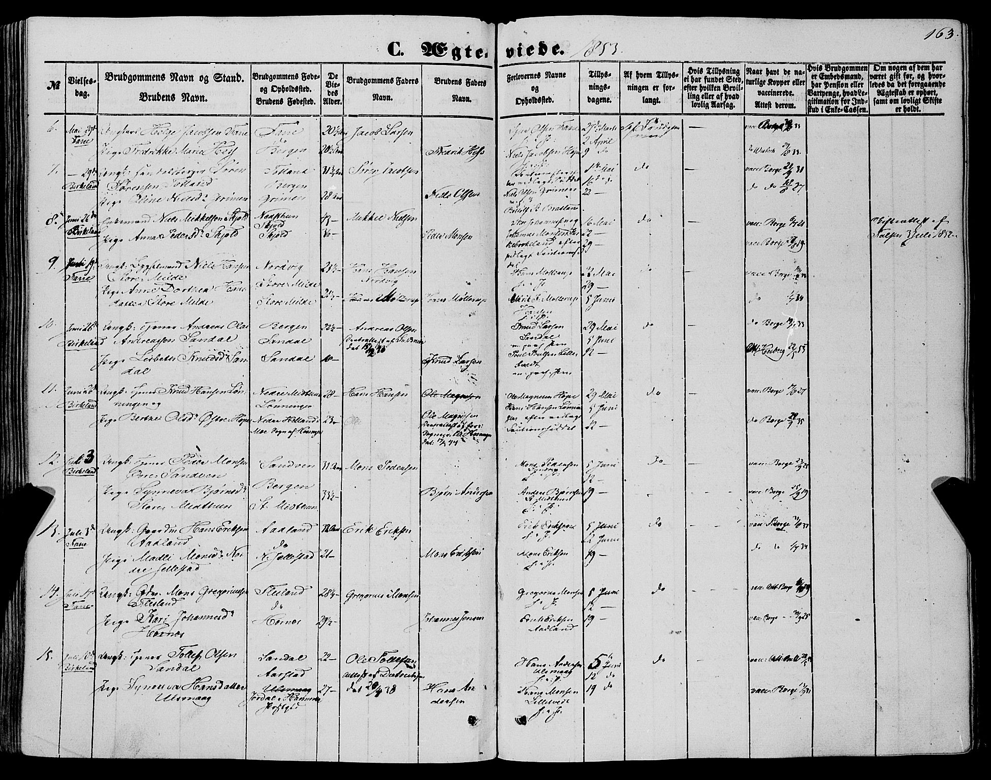 Fana Sokneprestembete, AV/SAB-A-75101/H/Haa/Haaa/L0011: Parish register (official) no. A 11, 1851-1862, p. 163